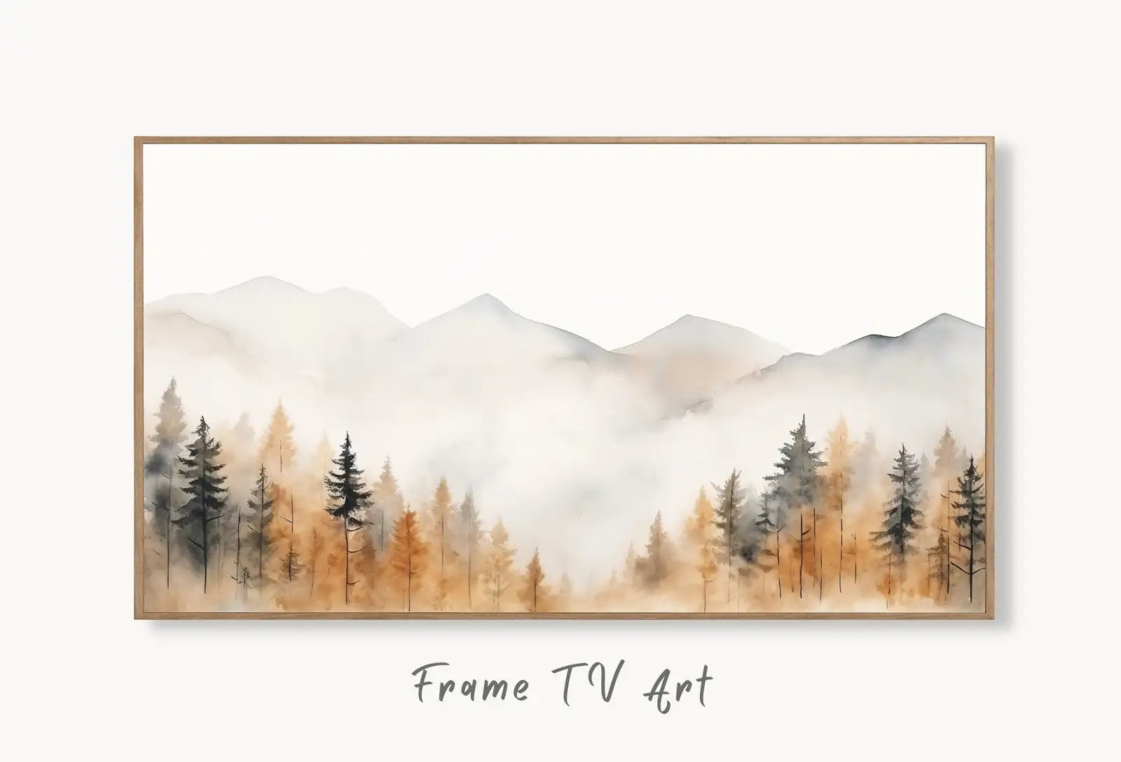 Samsung Frame TV Art 4K Fall Forest Watercolor Landscape Painting. Instant Download. Minimalist Autumn Art for Frame TV. Nature Art for TV displayed on Samsung Frame TV on a living room wall.