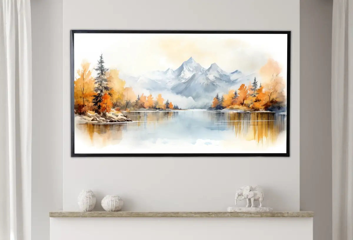 Detail view of artwork from Samsung Frame TV Art 4K Fall Mountain Forest Lake Landscape Painting. Instant Download. Autumn Forest Art for Samsung Frame TV. Art for TV. (variation 2)
