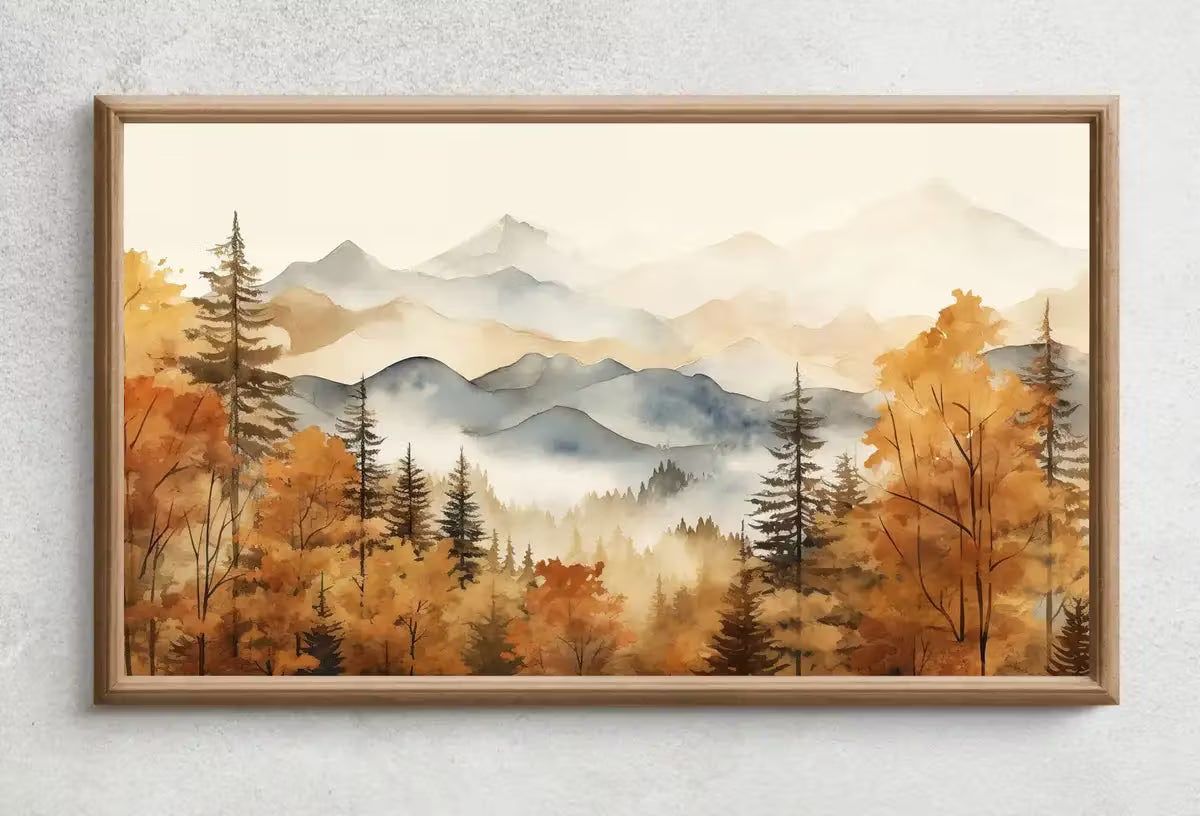 Samsung Frame TV Art 4K Fall Mountain Forest Landscape Painting. Instant Download. Autumn Forest Art for Samsung Frame TV. Art for TV – Frame TV  Art