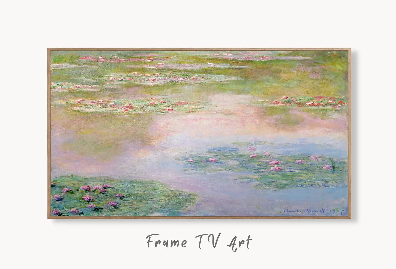 Samsung Frame TV Art 4K Famous Claude Monet Water Lilies Painting. Instant Download. Botanical Wall Art for Frame TV. Vintage Wall Art displayed on Samsung Frame TV on a living room wall.