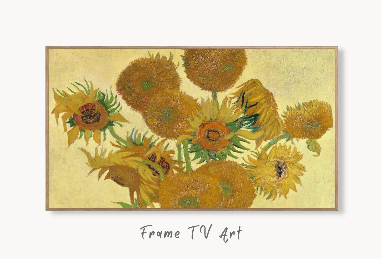 Samsung Frame TV Art 4K Famous Painting Sunflowers by Vincent van Gogh. Instant Download van Gogh Art for the Frame TV. Vintage Wall Art displayed on Samsung Frame TV on a living room wall.