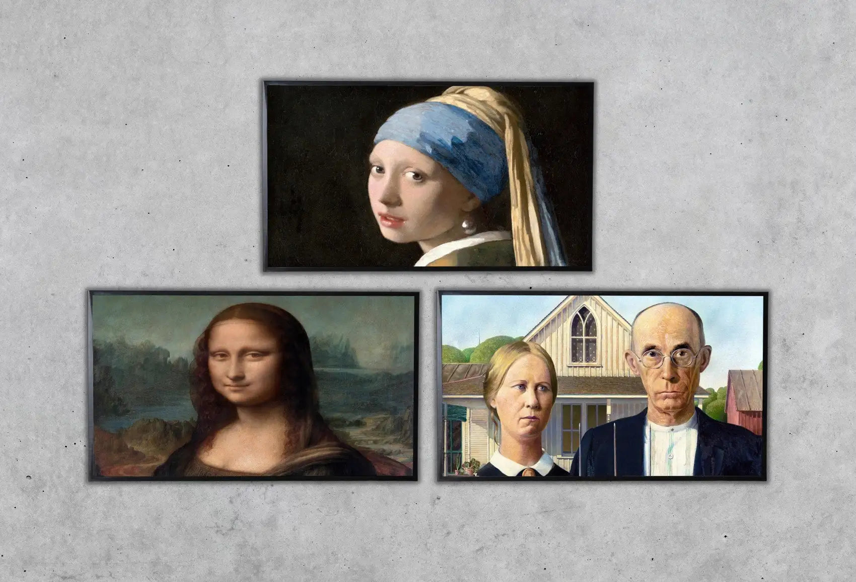Samsung Frame TV Art 4K Famous Paintings Set of 3. Girl w Pearl Earring, Mona Lisa & American Gothic Classic Portraits Fine Art for Frame TV displayed on Samsung Frame TV on a living room wall.