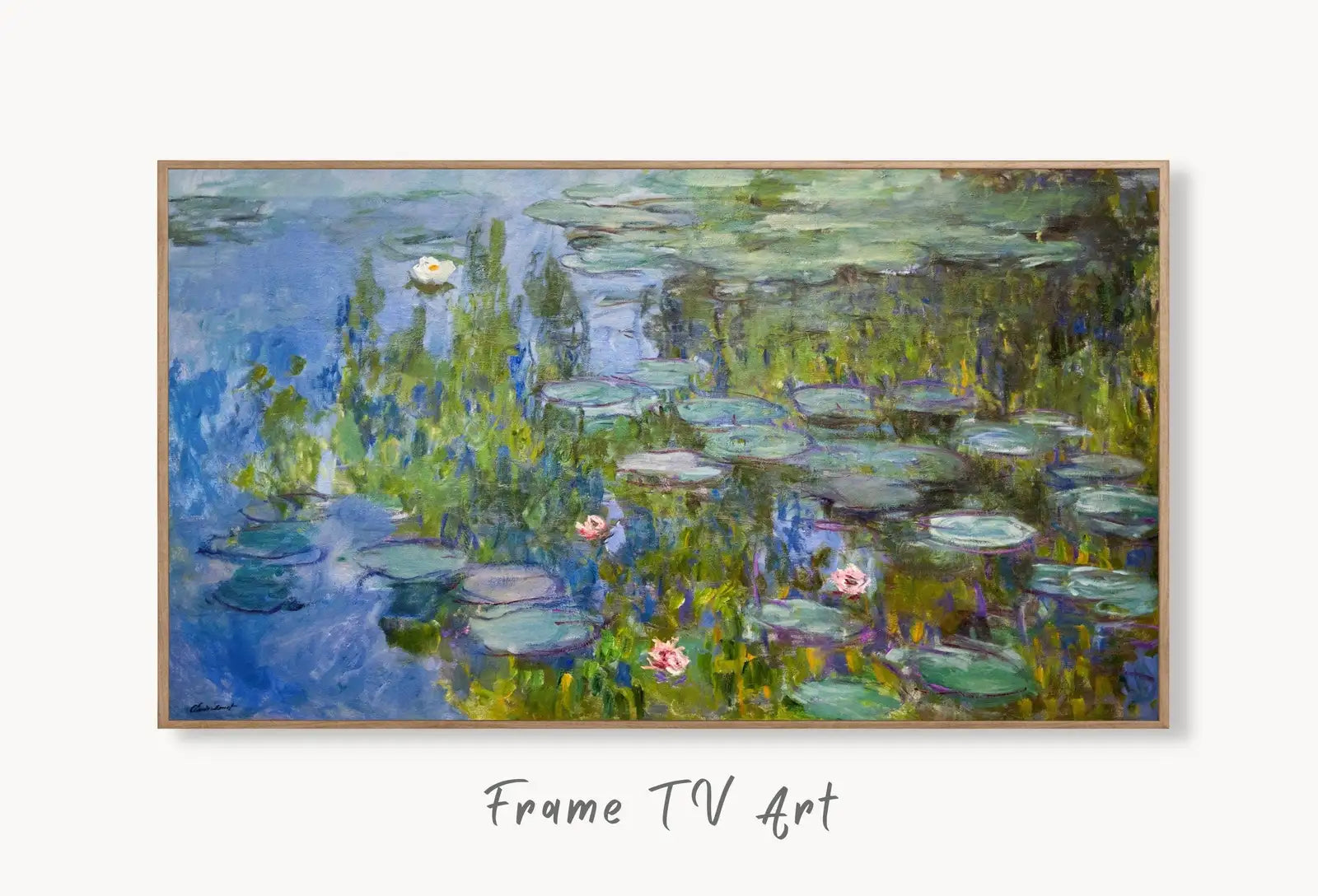 Samsung Frame TV Art 4K Famous Water Lilies Painting by Claude Monet. Instant Download Botanical Wall Art for the Frame TV. Vintage Wall Art displayed on Samsung Frame TV on a living room wall.