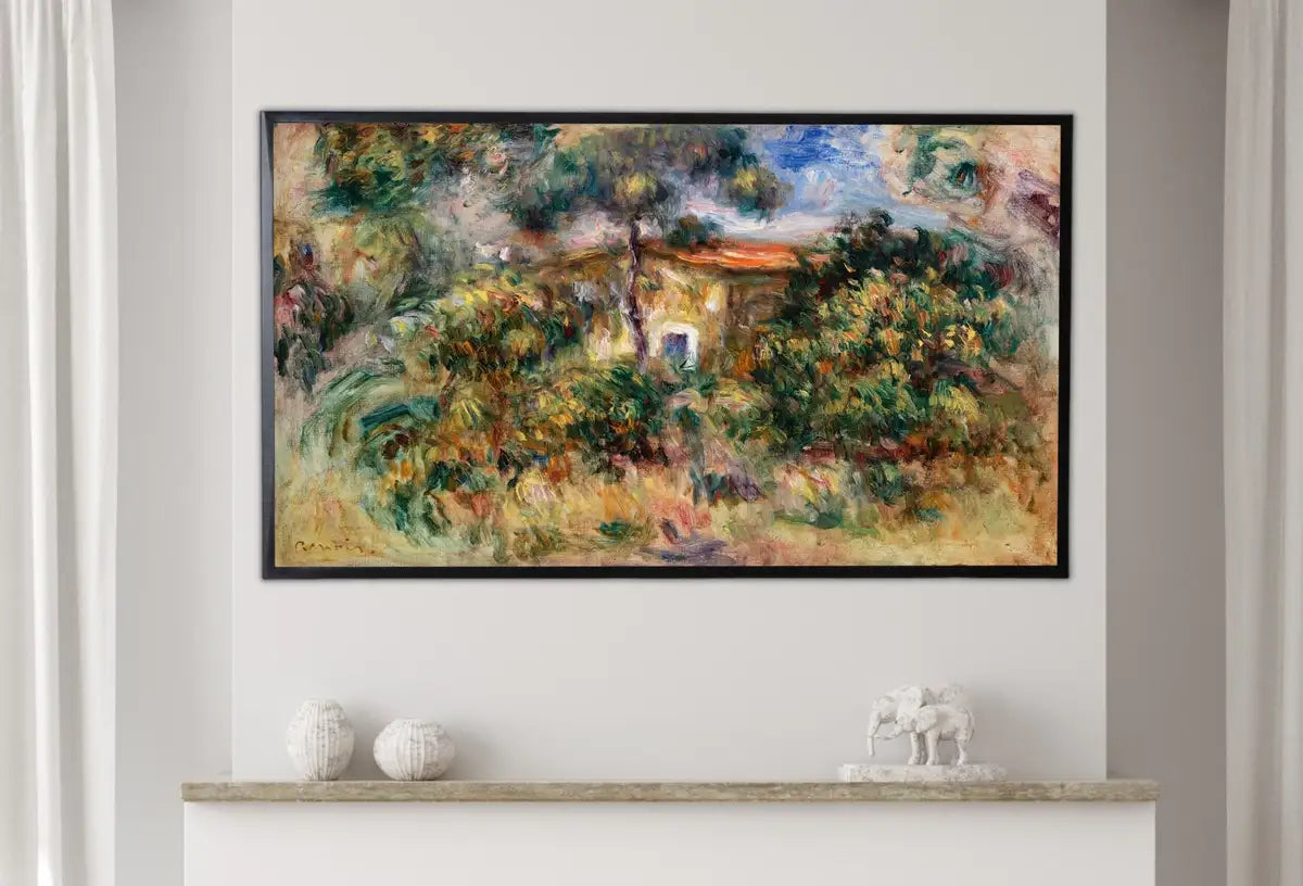 Detail view of artwork from Samsung Frame TV Art 4K "Farmhouse" by Auguste Renoir. Famous Antique Oil Painting. Vintage Landscape. Impressionist Fine Art for Frame TV. (variation 2)