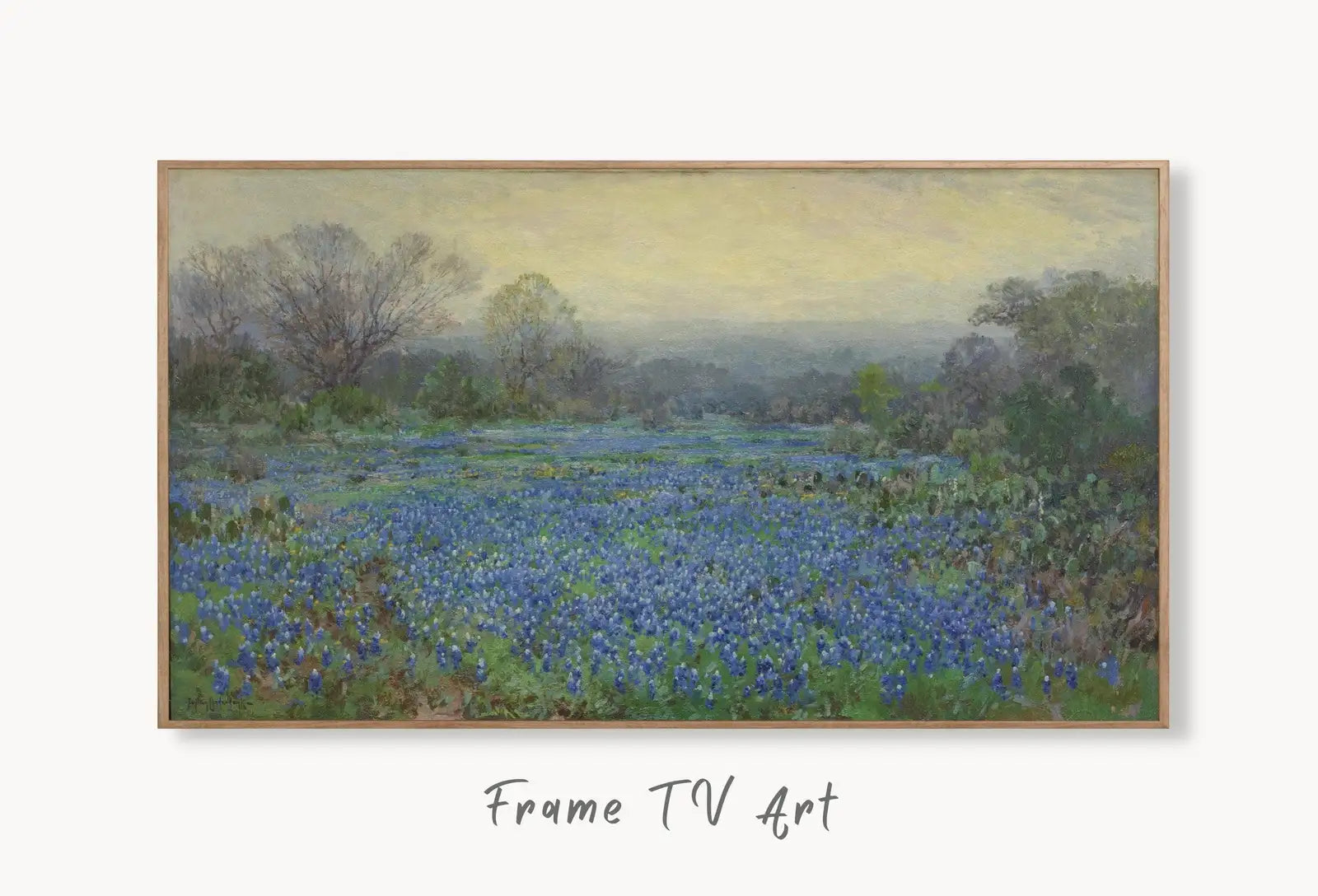 Samsung Frame TV Art 4K Field of Bluebonnets. Vintage Spring Landscape Painting. Instant Download Landscape Wall Art for Frame TV displayed on Samsung Frame TV on a living room wall.
