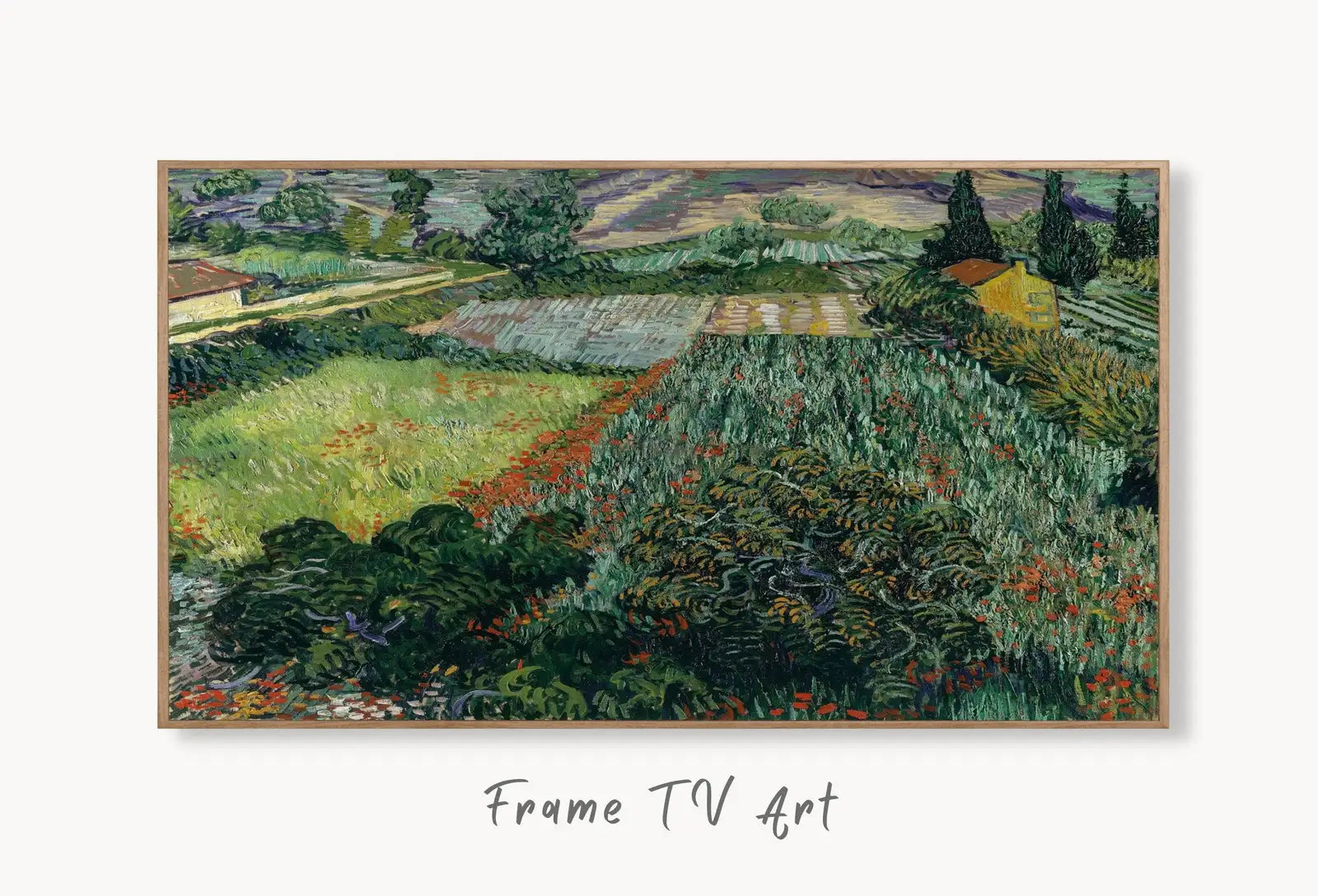 Samsung Frame TV Art 4K Field with Poppies Famous Painting by Vincent van Gogh. Instant Download van Gogh Art for the Frame TV Vintage Decor displayed on Samsung Frame TV on a living room wall.