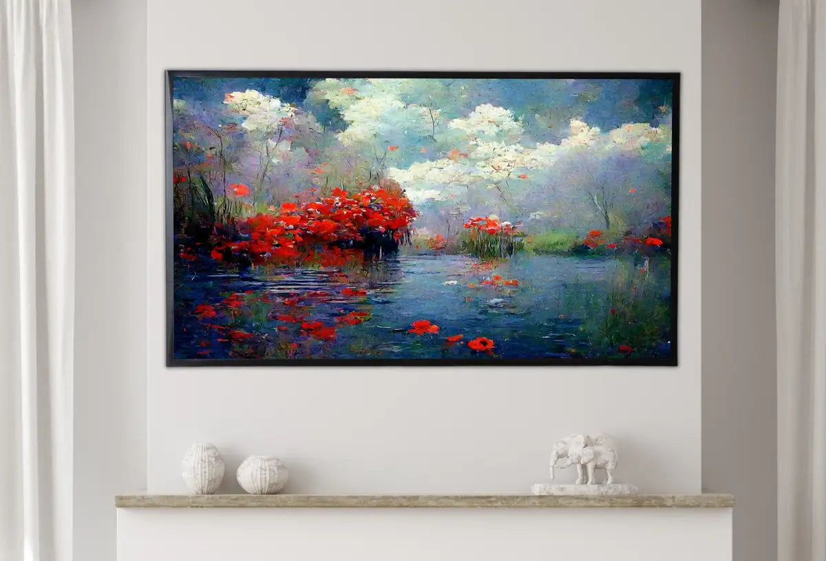 Detail view of artwork from Samsung Frame TV Art 4K Flowers River & Clouds Monet Inspired Digital Painting. Instant Download Landscape Art for Frame TV. Botanical Art. (variation 2)