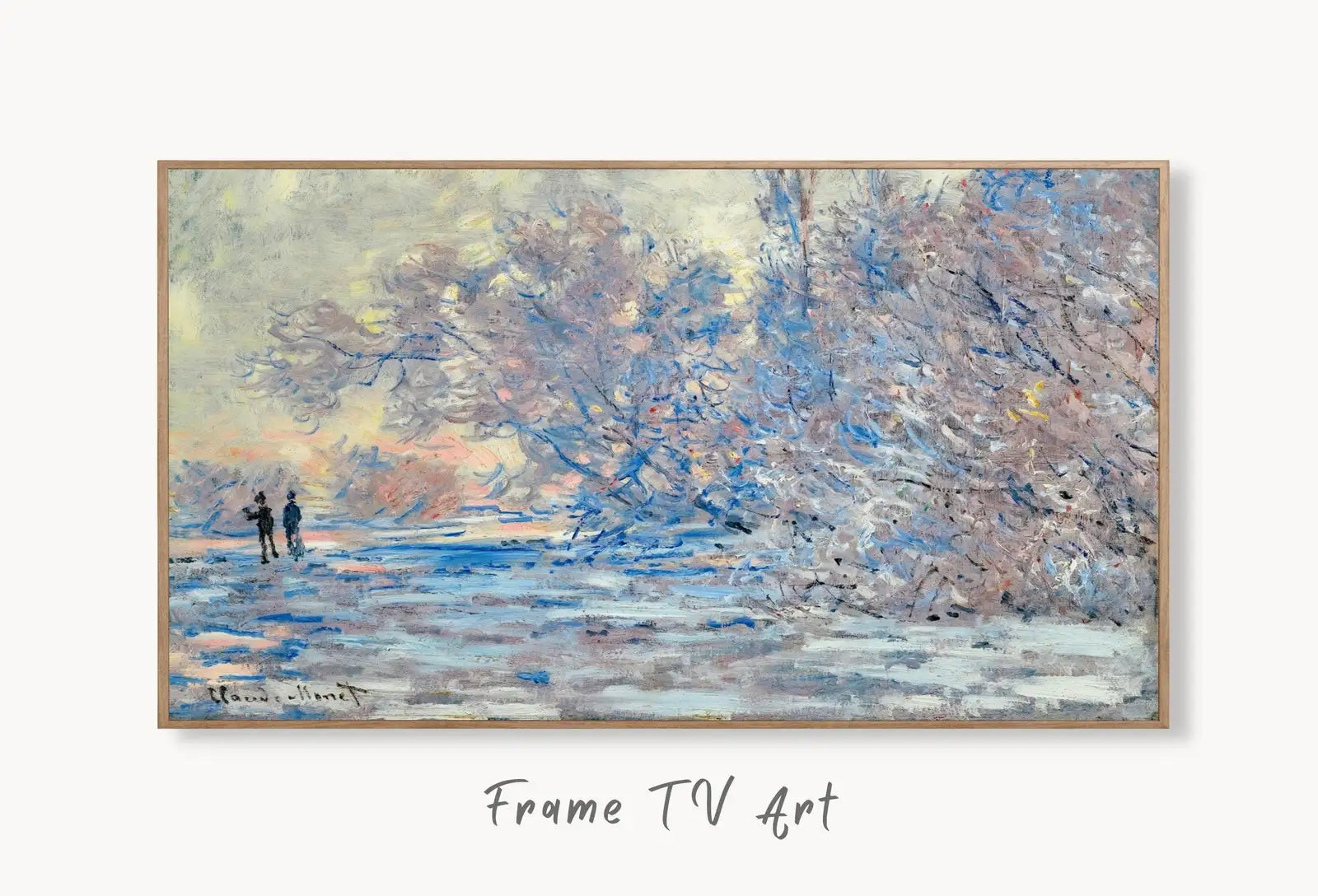 Samsung Frame TV Art 4K Frost at Giverny Famous Claude Monet Painting. Instant Download Landscape Wall Art for Frame TV. Vintage Wall Art displayed on Samsung Frame TV on a living room wall.