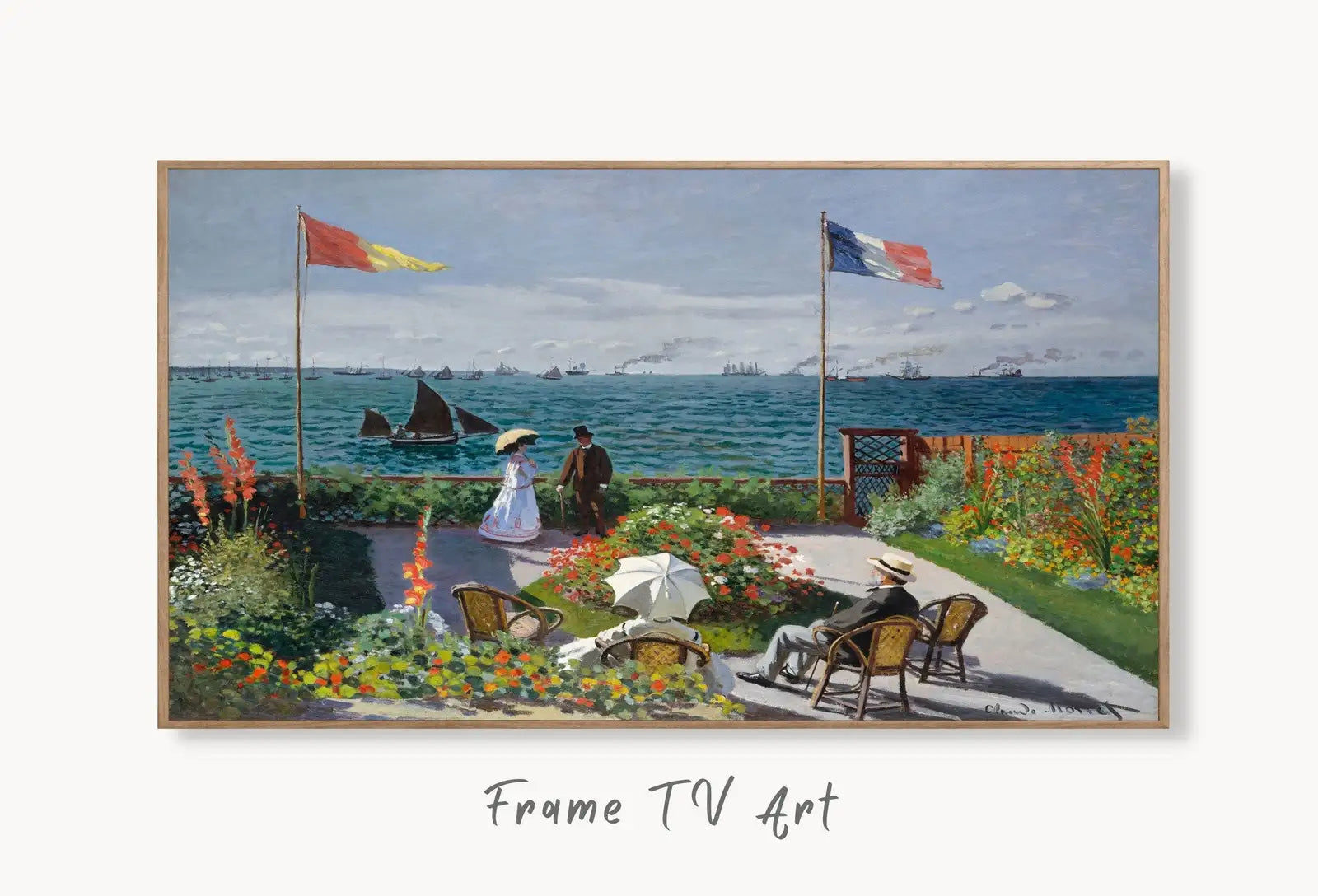Samsung Frame TV Art 4K Garden & Seascape Famous Painting. Instant Download Vintage Art for Samsung Frame TV. Claude Monet Art for TV displayed on Samsung Frame TV on a living room wall.