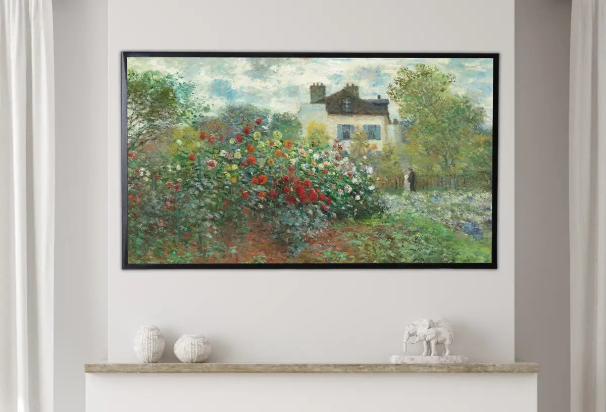 Detail view of artwork from Samsung Frame TV Art 4K Garden with Dahlias Famous Claude Monet Painting. Instant Digital Download Landscape for Frame TV. Vintage Wall Art. (variation 2)
