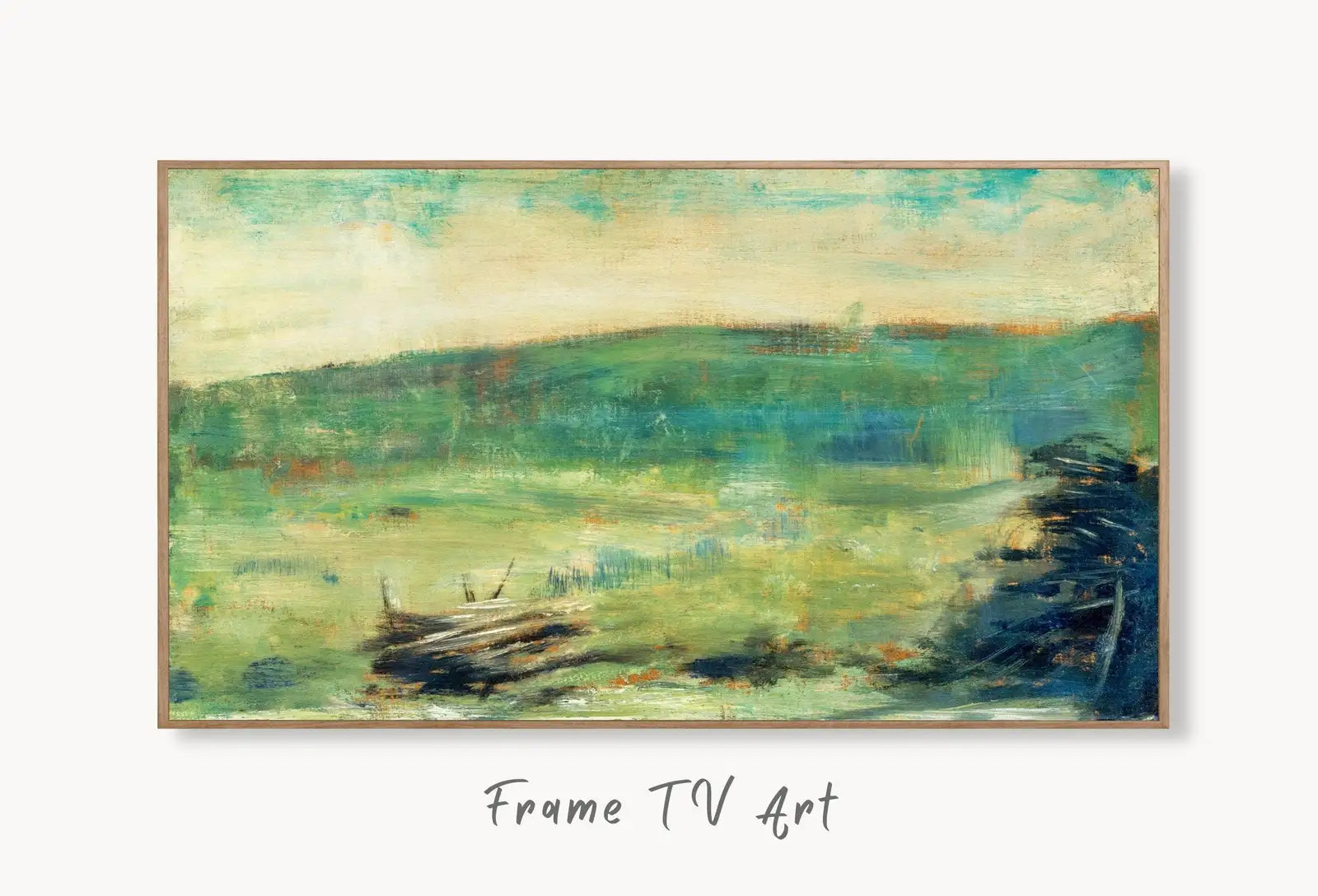 Samsung Frame TV Art 4k Georges Seurat Vintage Abstract Landscape Painting. Famous Art for TV Digital Download for Samsung Frame, TV Art displayed on Samsung Frame TV on a living room wall.