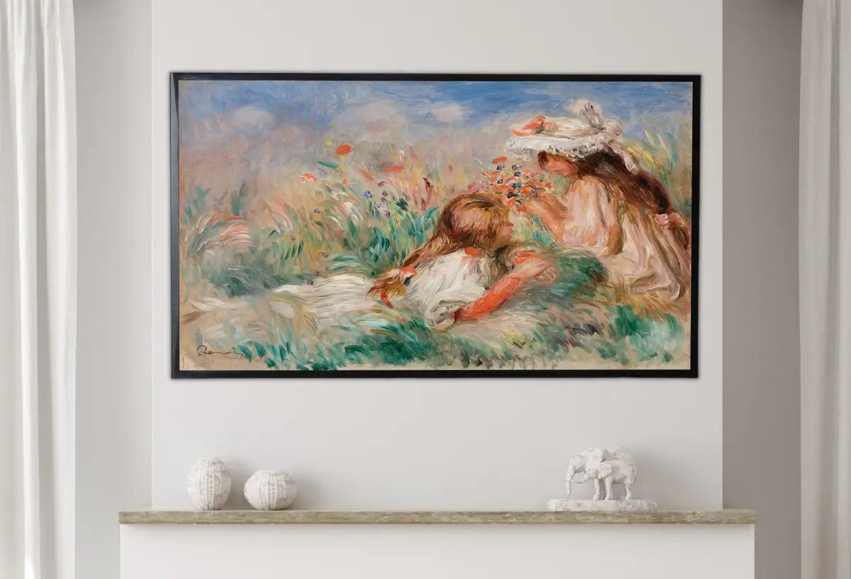 Detail view of artwork from Samsung Frame TV Art 4K Girls in the Grass by Auguste Renoir. Famous Antique Oil Painting. Landscape Vintage Impressionist Art for Frame TV. (variation 2)