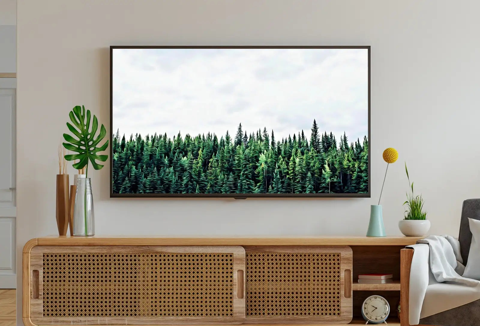 Detail view of artwork from Samsung Frame TV Art 4K Green Forest Landscape Nature Wall Art. Instant Download Forest Photography. Pine Trees Art for Frame TV. (variation 1)