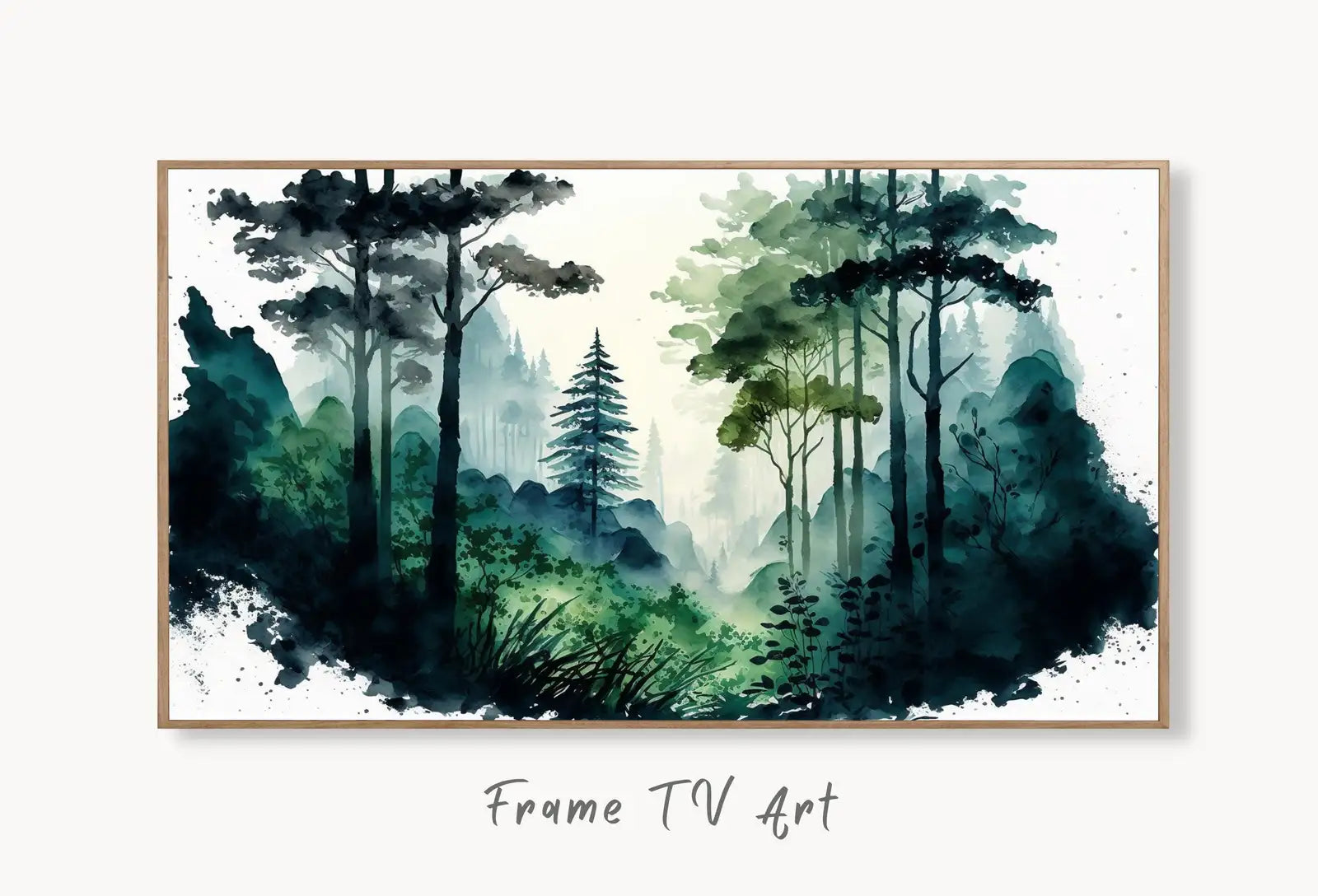 Samsung Frame TV Art 4K Green Forest Landscape Watercolor Digital Painting. Instant Download Forest Art for Samsung Frame TV. Art for TV displayed on Samsung Frame TV on a living room wall. (variation 2)