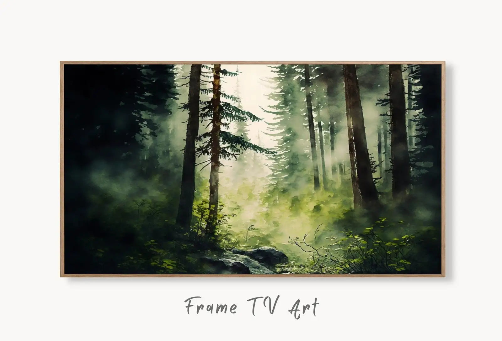 Samsung Frame TV Art 4K Green Watercolor Forest Landscape Painting. Instant Download. Dense Forest Art for Samsung Frame TV. Art for TV displayed on Samsung Frame TV on a living room wall.