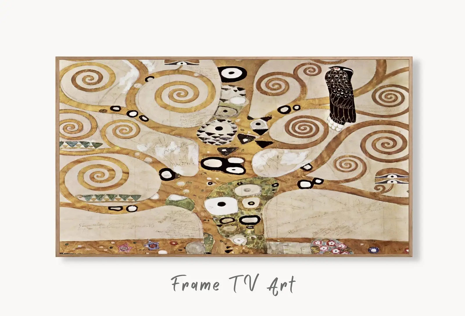 Samsung Frame TV Art 4K Gustav Klimt Famous Tree of Life Vintage Art Nouveau Painting. Instant Download Antique Tree of Life Frame TV Art displayed on Samsung Frame TV on a living room wall.