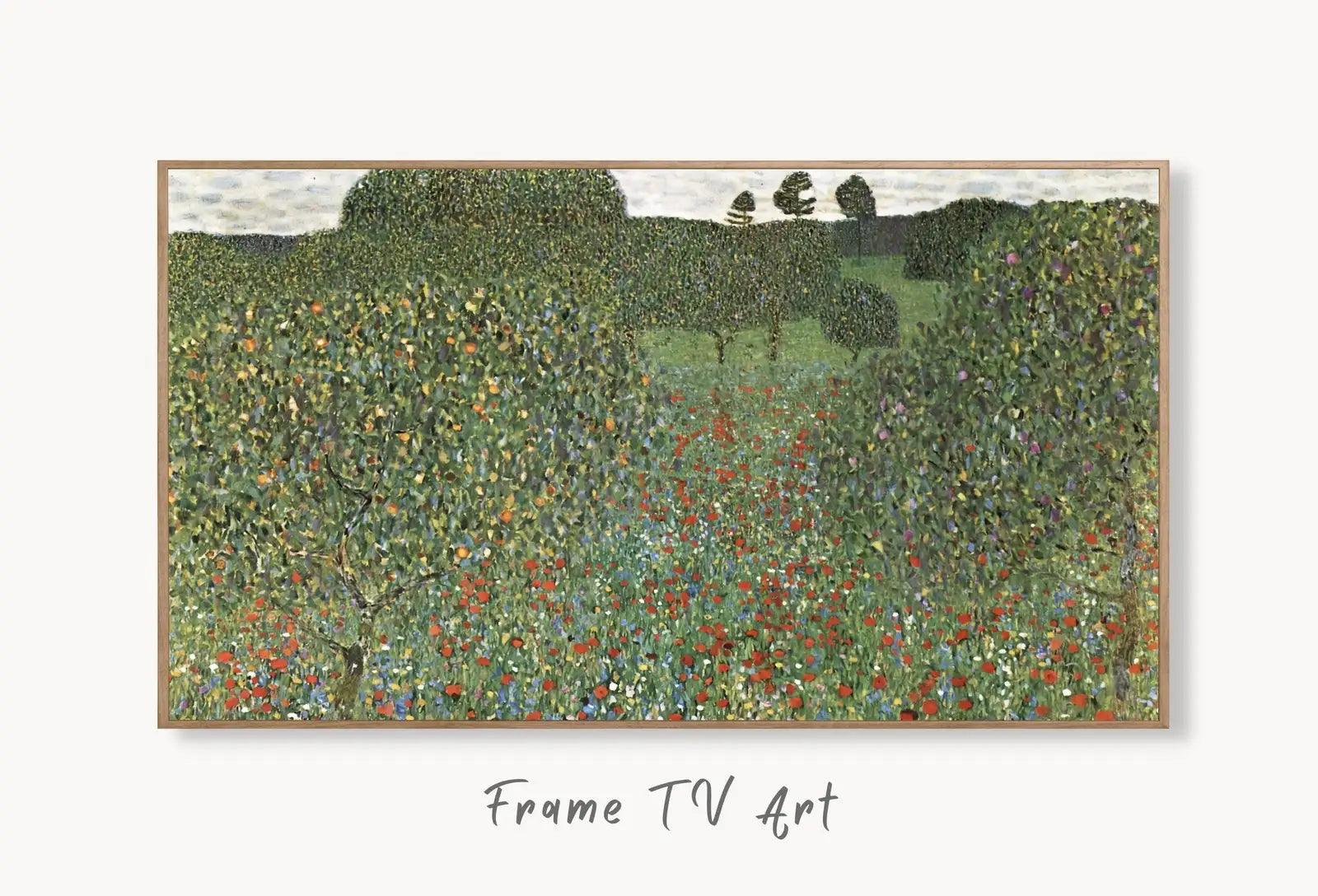 Samsung Frame TV Art 4K Gustav Klimt Flower Field Famous Art Nouveau Painting. Antique Floral Classic Klimt Art for Frame TV. Downloadable displayed on Samsung Frame TV on a living room wall.