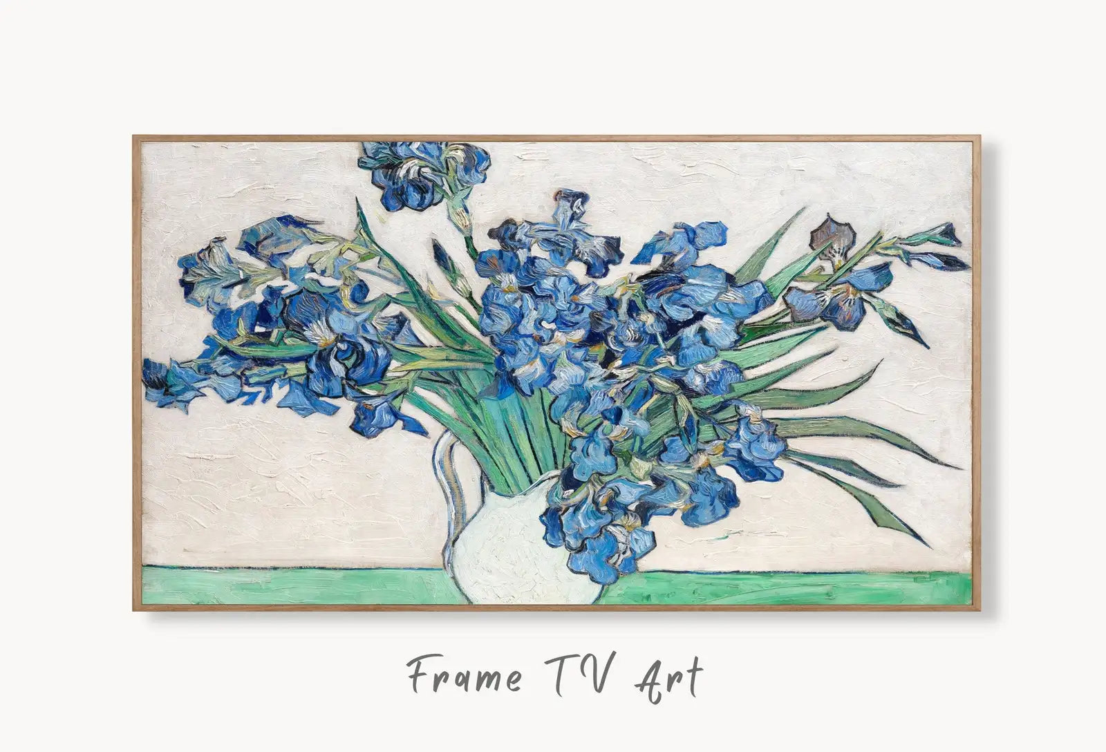 Samsung Frame TV Art 4K Irises Famous Still Life Painting by Vincent van Gogh. Instant Download van Gogh Art for Frame TV. Vintage Wall Art displayed on Samsung Frame TV on a living room wall.