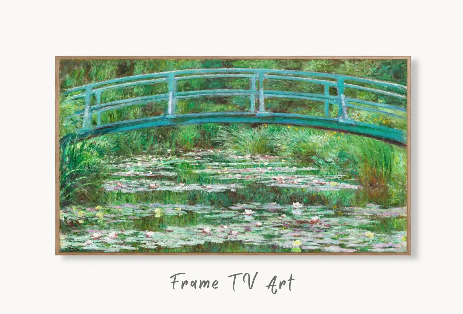 Samsung Frame TV Art 4K Japanese Footbridge Famous Claude Monet Painting. Instant Download Botanical Wall Art for Frame TV. Vintage Wall Art displayed on Samsung Frame TV on a living room wall.