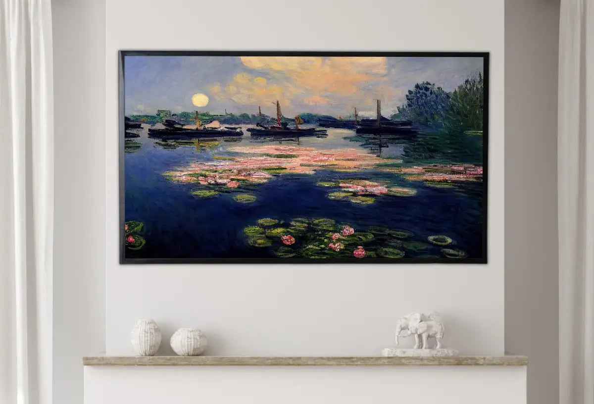 Detail view of artwork from Samsung Frame TV Art 4K Lilies on Lake View Monet Inspired Digital Painting. Instant Download Landscape Art for Frame TV. Botanical Art. (variation 2)