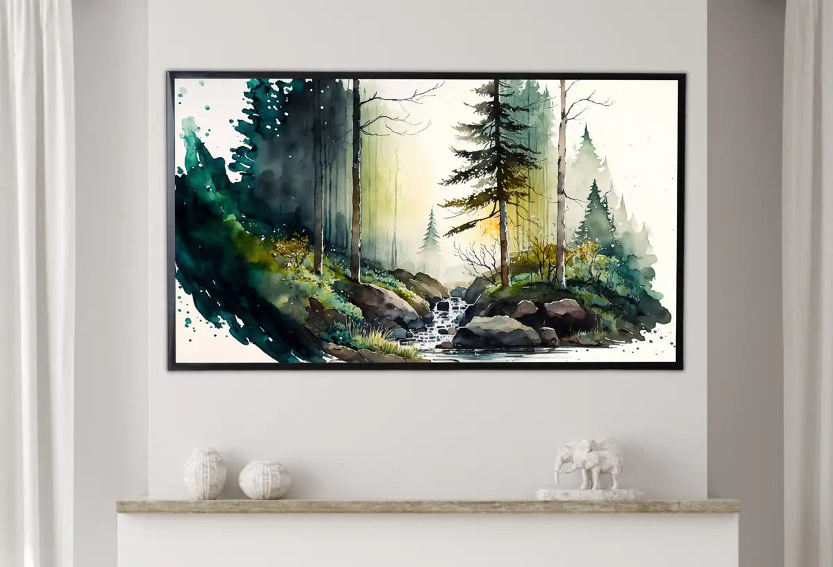 Detail view of artwork from Samsung Frame TV Art 4K Minimalist Forest & River Watercolor Landscape Digital Art. Instant Download Art for Samsung Frame TV. Art for TV. (variation 2)
