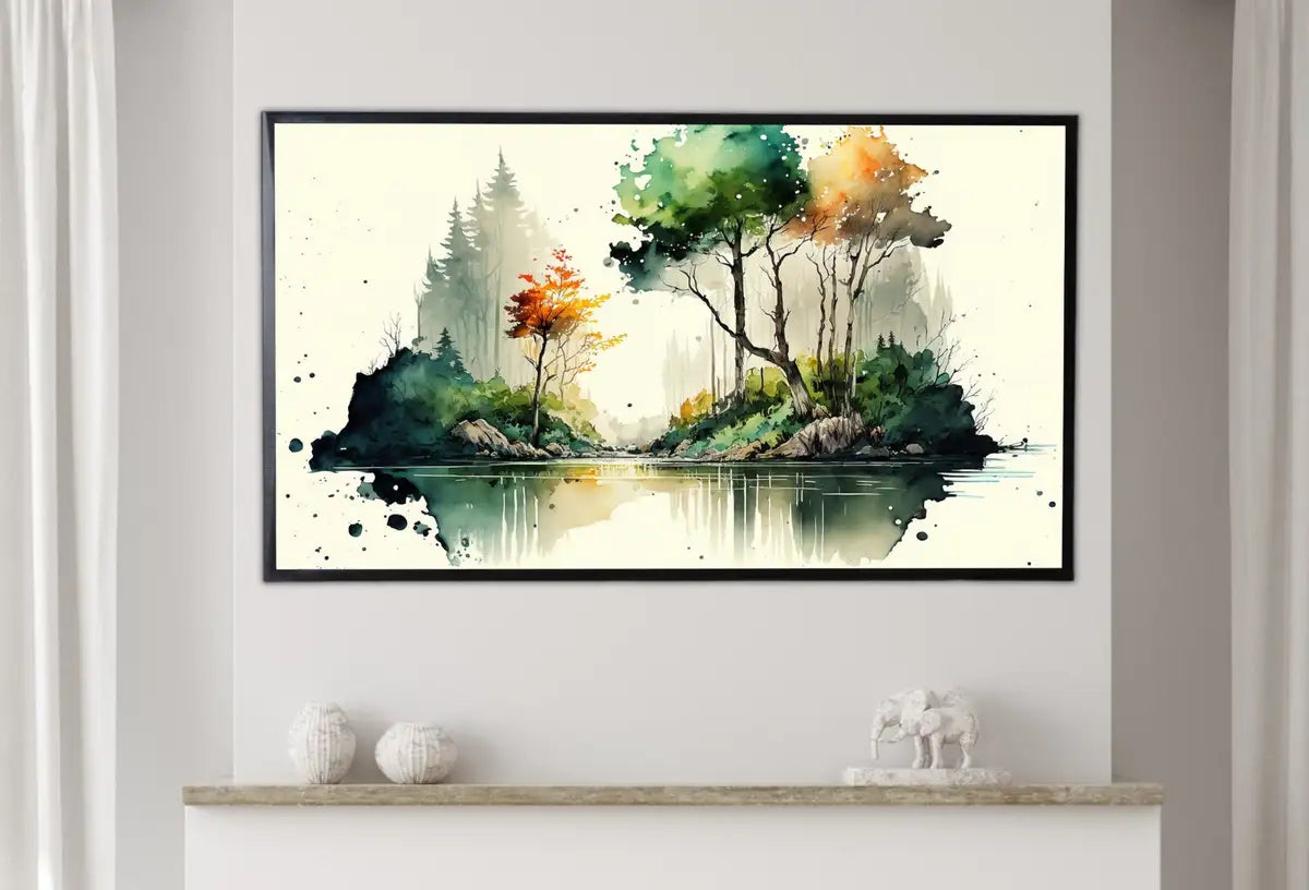 Detail view of artwork from Samsung Frame TV Art 4K Minimalist Forest Watercolor Landscape Digital Art. Instant Download Forest Art for Samsung Frame TV. Art for TV. (variation 2)