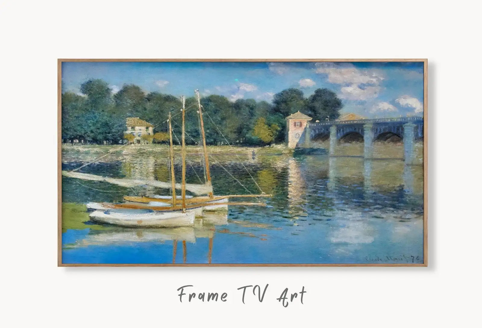 Samsung Frame TV Art 4K Monet Argenteuil Bridge Famous Painting. Instant Download Vintage Art for Samsung Frame TV. Claude Monet Art for TV displayed on Samsung Frame TV on a living room wall.