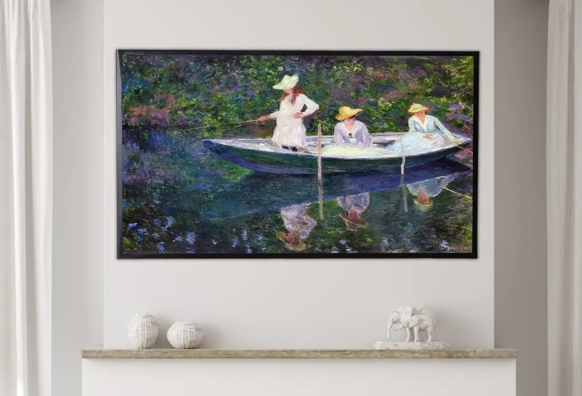 Detail view of artwork from Samsung Frame TV Art 4K Monet Boat in Giverny Famous Painting. Instant Download. Vintage Art for Samsung Frame TV. Claude Monet Art for TV. (variation 2)