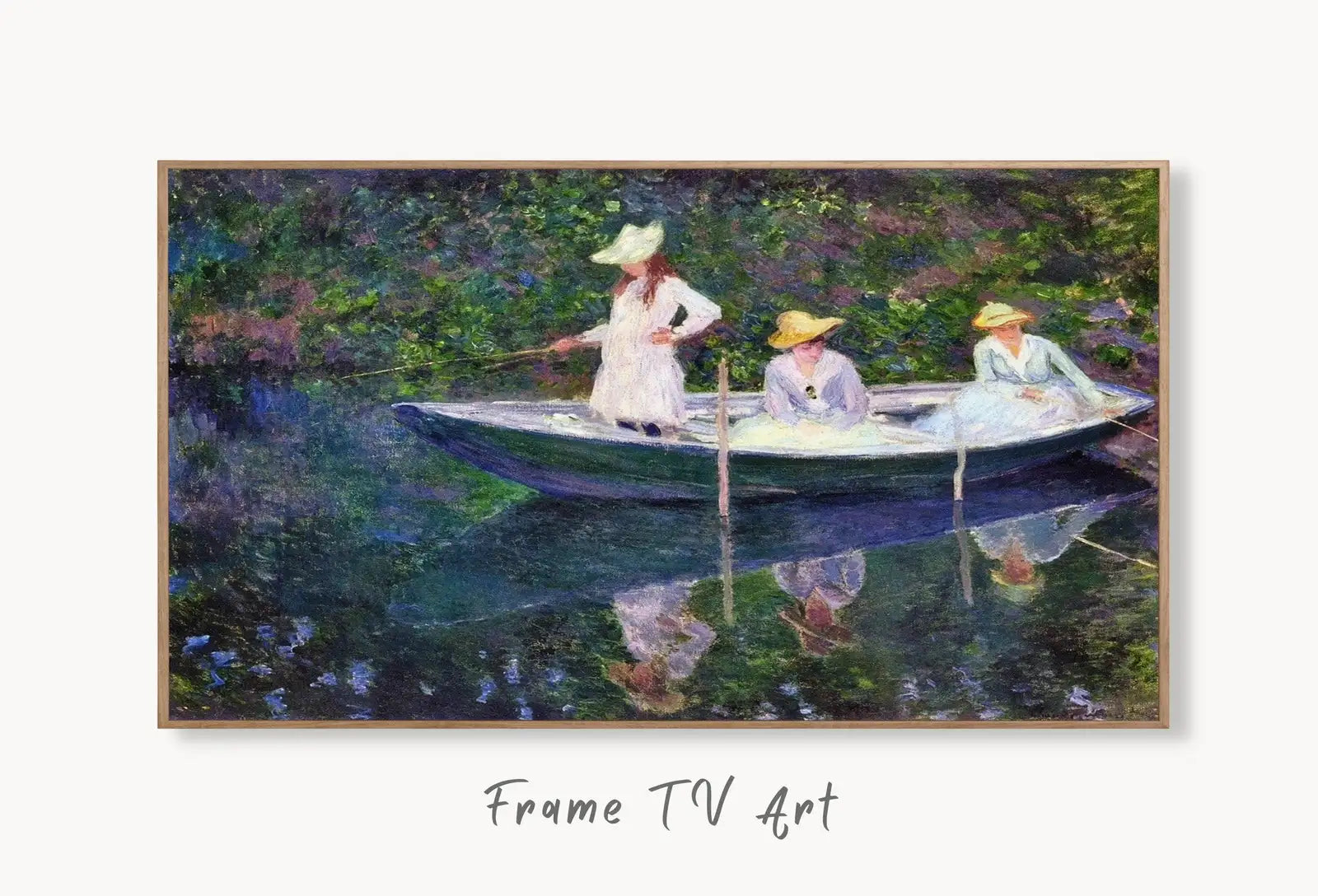 Samsung Frame TV Art 4K Monet Boat in Giverny Famous Painting. Instant Download. Vintage Art for Samsung Frame TV. Claude Monet Art for TV displayed on Samsung Frame TV on a living room wall.