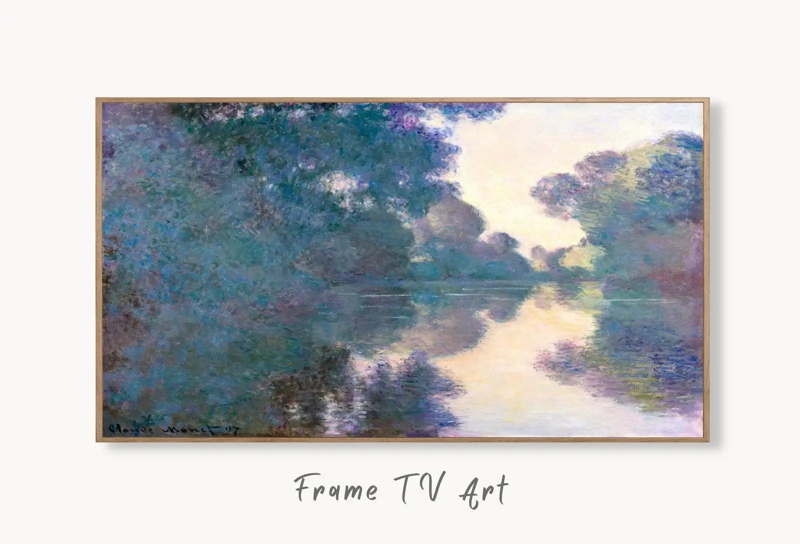 Samsung Frame TV Art 4K Monet Morning on the Seine Famous Painting. Instant Download Vintage Art for Samsung Frame TV. Claude Monet TV Art displayed on Samsung Frame TV on a living room wall.