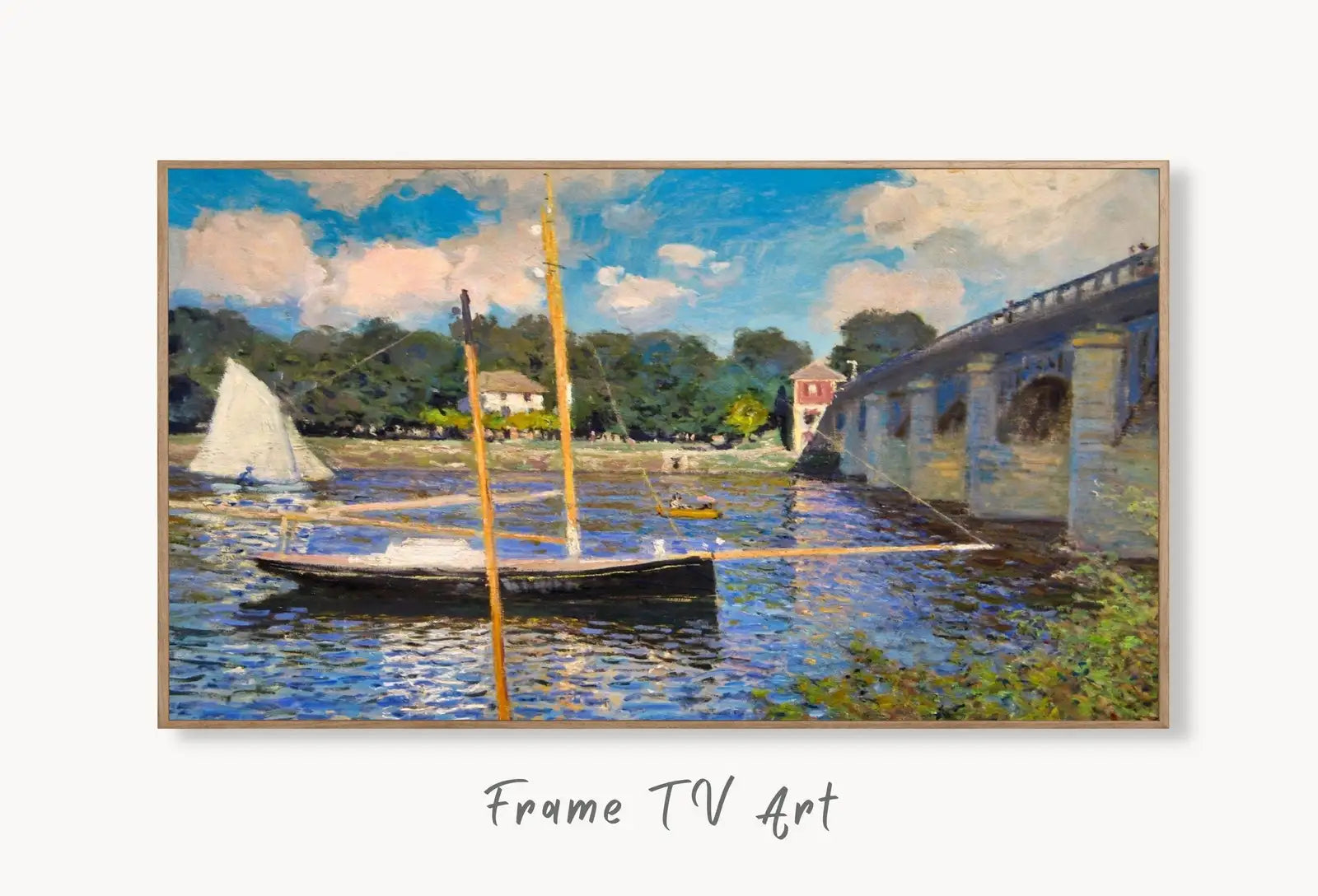 Samsung Frame TV Art 4K Monet Pont d'Argenteuil Famous Painting. Instant Download Vintage Art for Samsung Frame TV. Claude Monet Art for TV displayed on Samsung Frame TV on a living room wall.