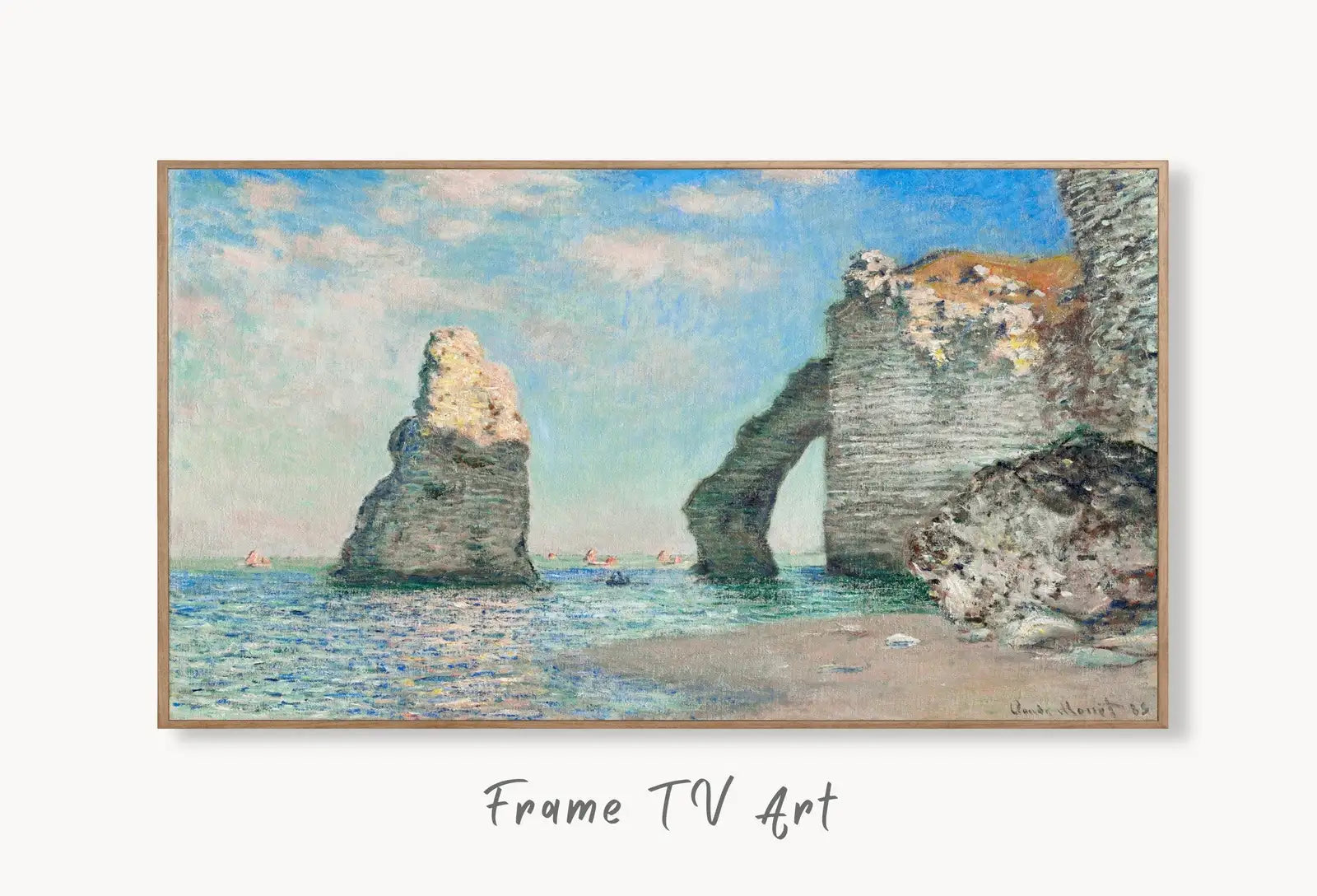 Samsung Frame TV Art 4K Monet Sea & Cliffs Famous Painting. Instant Download. Vintage Art for the Samsung Frame TV. Claude Monet Art for TV displayed on Samsung Frame TV on a living room wall.