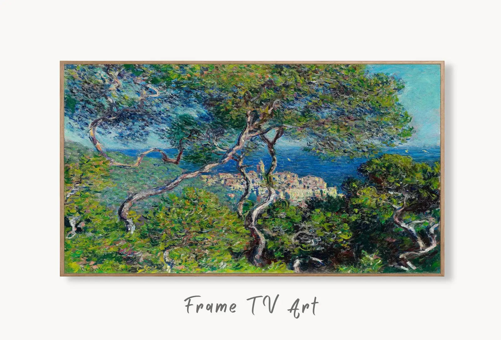 Samsung Frame TV Art 4K Monet Sea & Trees Landscape Famous Painting. Instant Download Vintage Art for Samsung Frame TV. Claude Monet TV Art displayed on Samsung Frame TV on a living room wall.