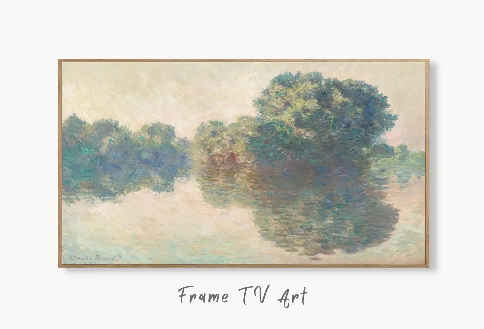 Samsung Frame TV Art 4K Monet Seine at Giverny Famous Painting. Instant Download Vintage Art for Samsung Frame TV. Claude Monet Art for TV displayed on Samsung Frame TV on a living room wall.