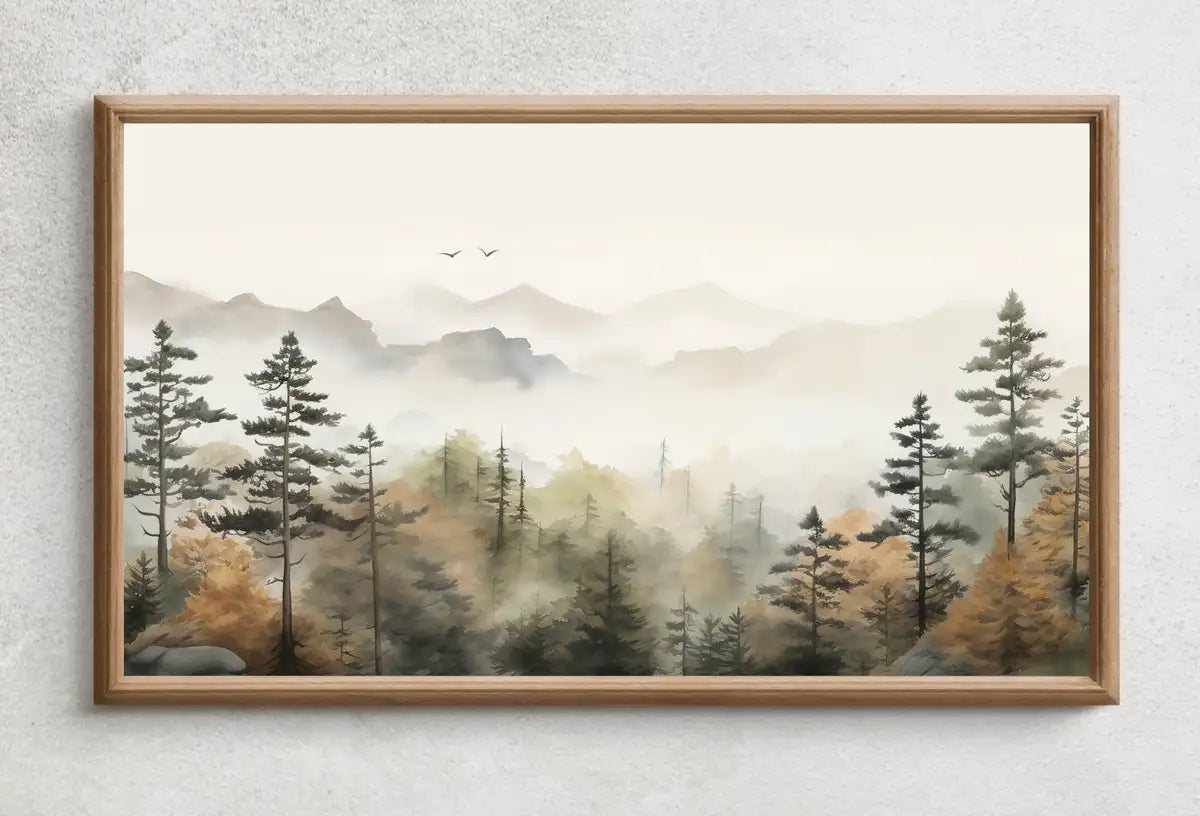 Detail view of artwork from Samsung Frame TV Art 4K Mountain Forest Fall Landscape Painting. Instant Download. Autumn Forest Art for Samsung Frame TV. Art for TV. (variation 2)