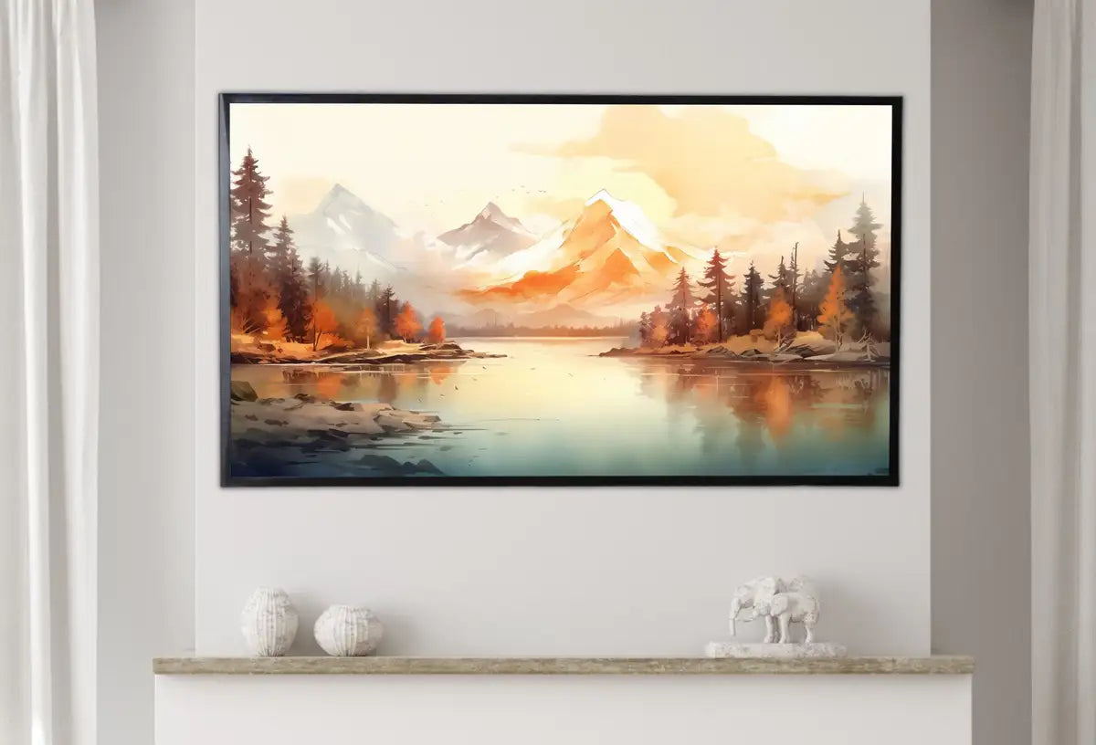 Detail view of artwork from Samsung Frame TV Art 4K Mountain Forest & River Fall Landscape Painting. Instant Download Forest Art for Samsung Frame TV. Art for TV. (variation 2)