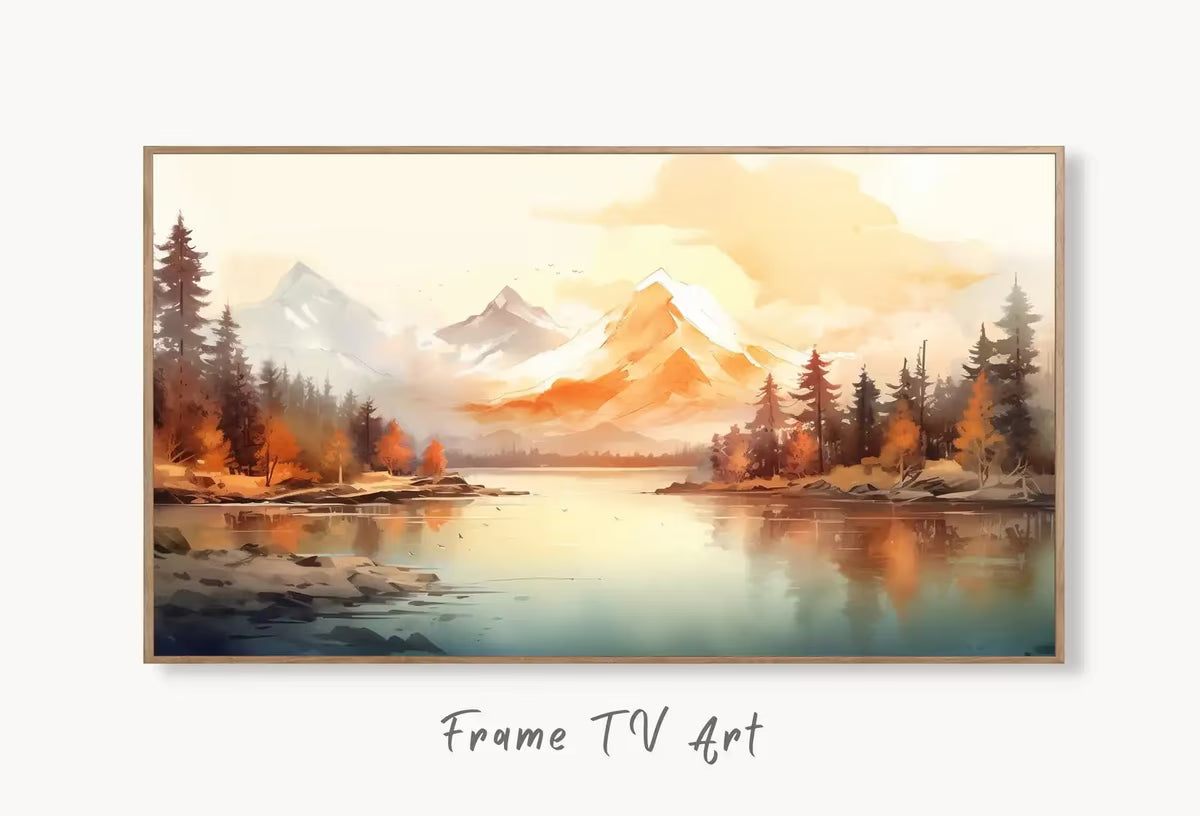 Samsung Frame TV Art 4K Mountain Forest & River Fall Landscape Painting. Instant Download Forest Art for Samsung Frame TV. Art for TV – Frame TV  Art