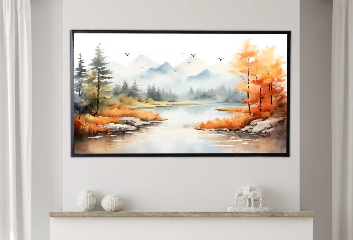 Detail view of artwork from Samsung Frame TV Art 4K Mountain Lake & Forest Fall Landscape Painting. Instant Download Forest Art for Samsung Frame TV. Art for TV. (variation 2)