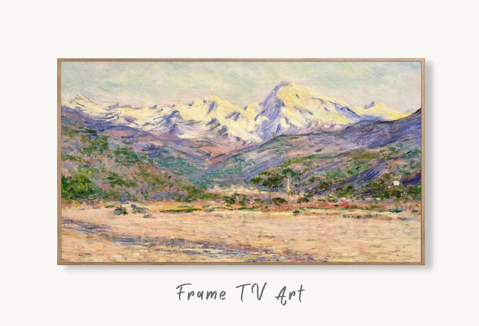 Samsung Frame TV Art 4K Mountain Landscape Famous Claude Monet Painting. Instant Download Landscape Wall Art for Frame TV. Vintage Wall Art displayed on Samsung Frame TV on a living room wall.