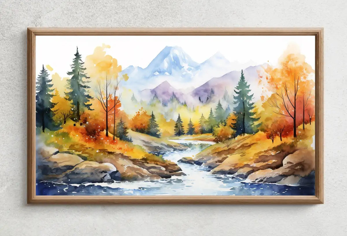 Detail view of artwork from Samsung Frame TV Art 4K Mountain River & Forest Fall Landscape Painting. Instant Download Forest Art for Samsung Frame TV. Art for TV. (variation 2)