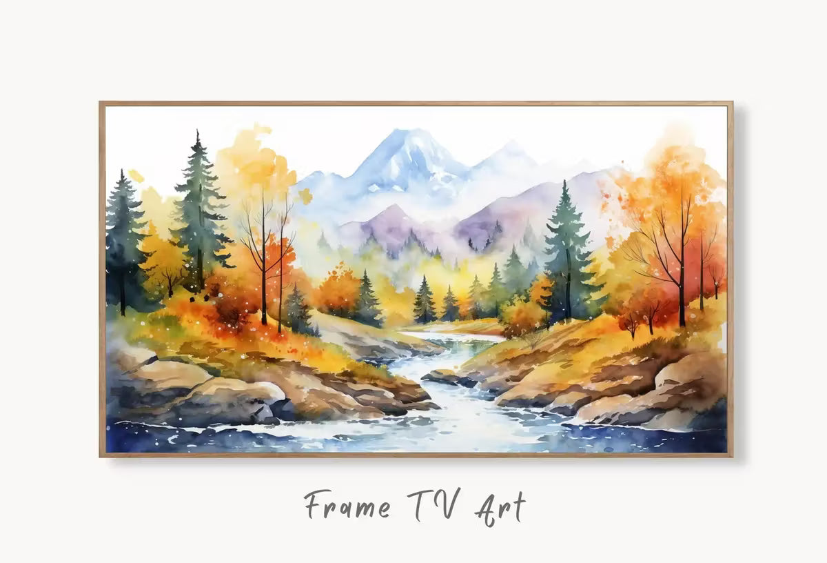 Samsung Frame TV Art 4K Mountain River & Forest Fall Landscape Painting. Instant Download Forest Art for Samsung Frame TV. Art for TV – Frame TV  Art