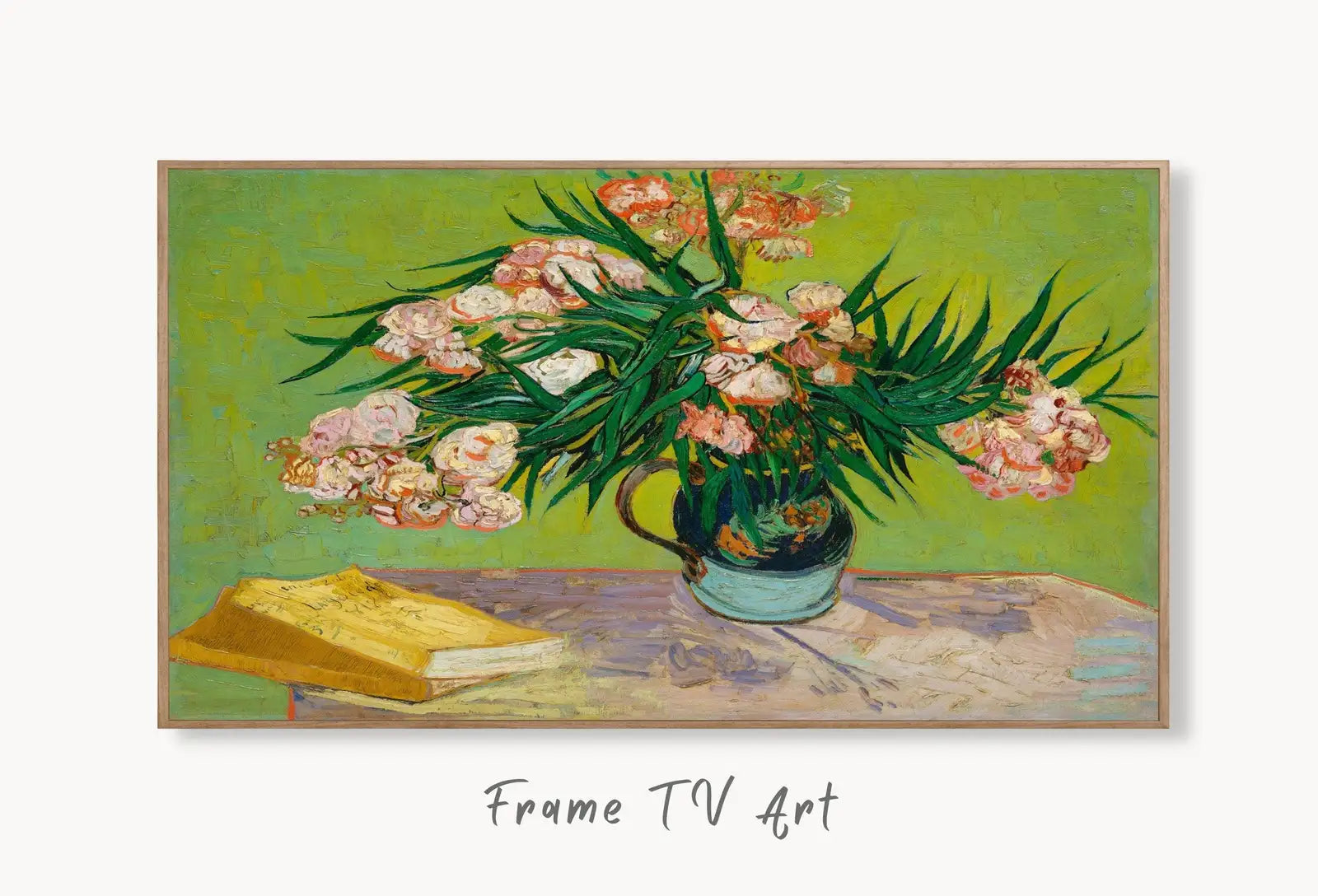 Samsung Frame TV Art 4K "Oleanders" Famous Painting by Vincent van Gogh. Instant Download van Gogh Art for the Frame TV. Vintage Still Art displayed on Samsung Frame TV on a living room wall.
