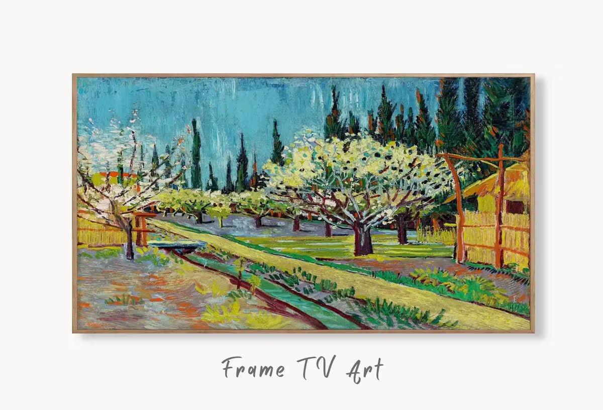Samsung Frame TV Art 4K Orchard Bordered by Cypresses Famous Vincent van Gogh Painting. Instant Download van Gogh Landscape for the Frame TV – Frame TV  Art
