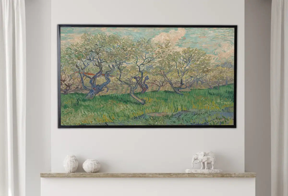 Detail view of artwork from Samsung Frame TV Art 4K Orchard in Blossom Famous Vincent van Gogh Painting. Instant Download van Gogh Landscape for Frame TV. Vintage Decor. (variation 2)