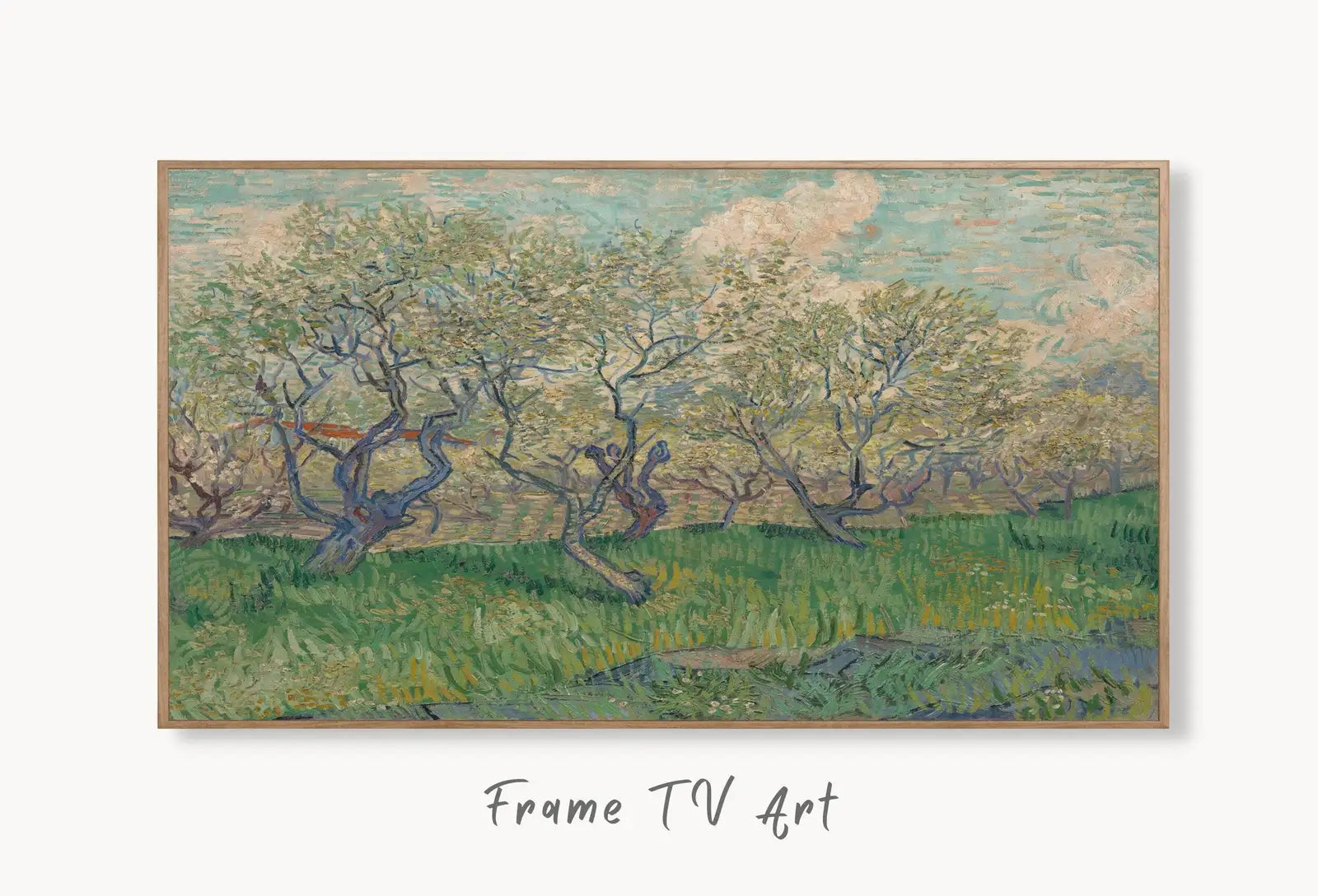 Samsung Frame TV Art 4K Orchard in Blossom Famous Vincent van Gogh Painting. Instant Download van Gogh Landscape for Frame TV. Vintage Decor displayed on Samsung Frame TV on a living room wall.