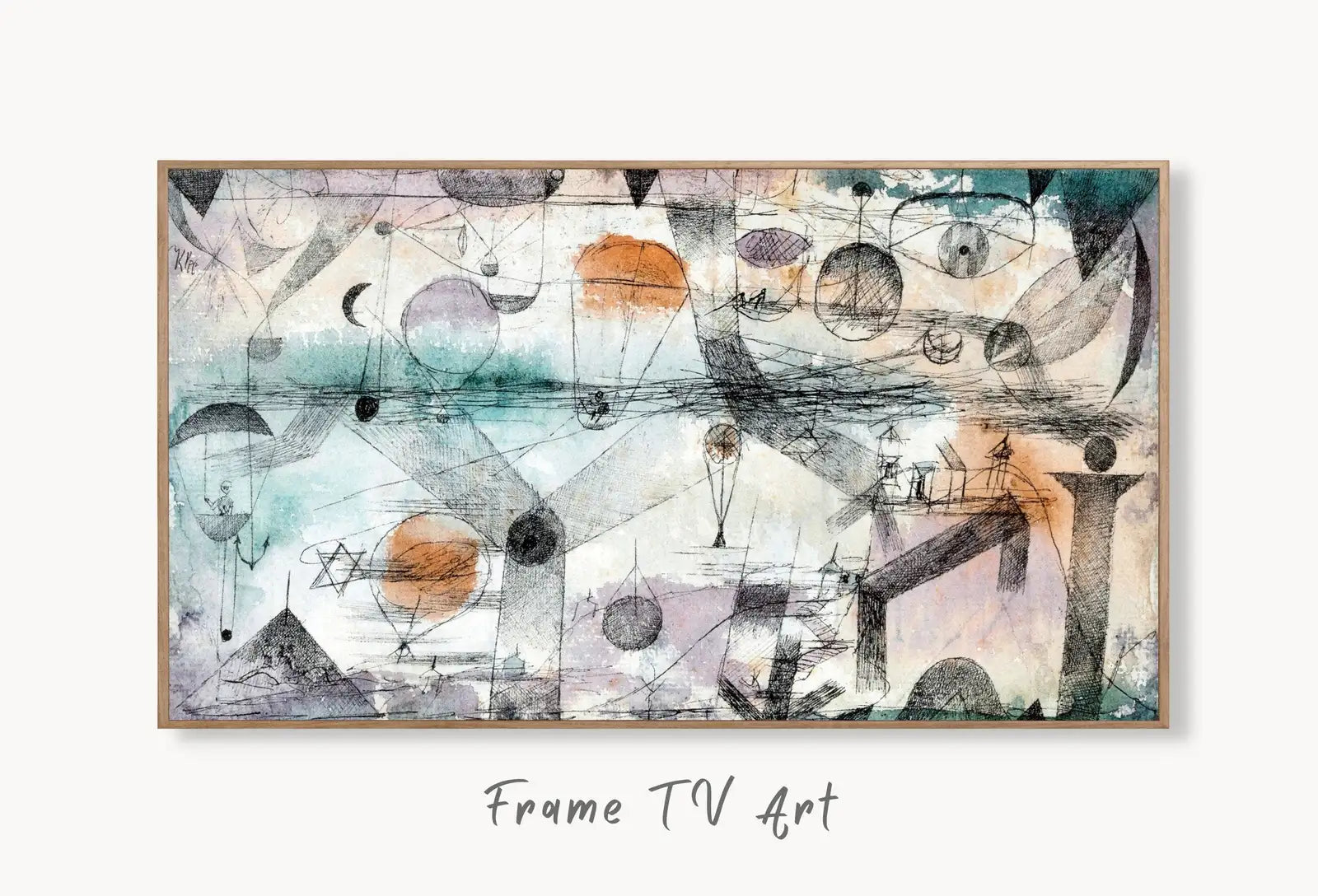 Samsung Frame TV Art 4K Paul Klee The Realm of Air Abstract Painting. Instant Download Vintage Famous Abstract Painting Klee Art for TV displayed on Samsung Frame TV on a living room wall.