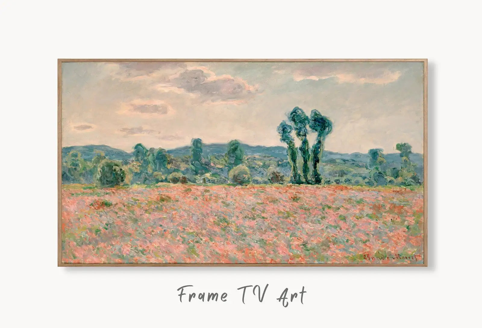 Samsung Frame TV Art 4K Poppy Field Famous Painting by Claude Monet. Instant Download Landscape Wall Art for the Frame TV. Vintage Wall Art displayed on Samsung Frame TV on a living room wall.