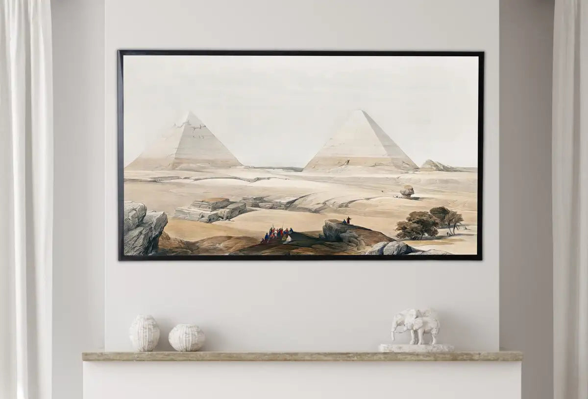 Detail view of artwork from Samsung Frame TV Art 4K Pyramids of Giza Landscape Ancient Egyptian Wall Art. Instant Download Antique Vintage Egyptian Art for Frame TV.. (variation 2)