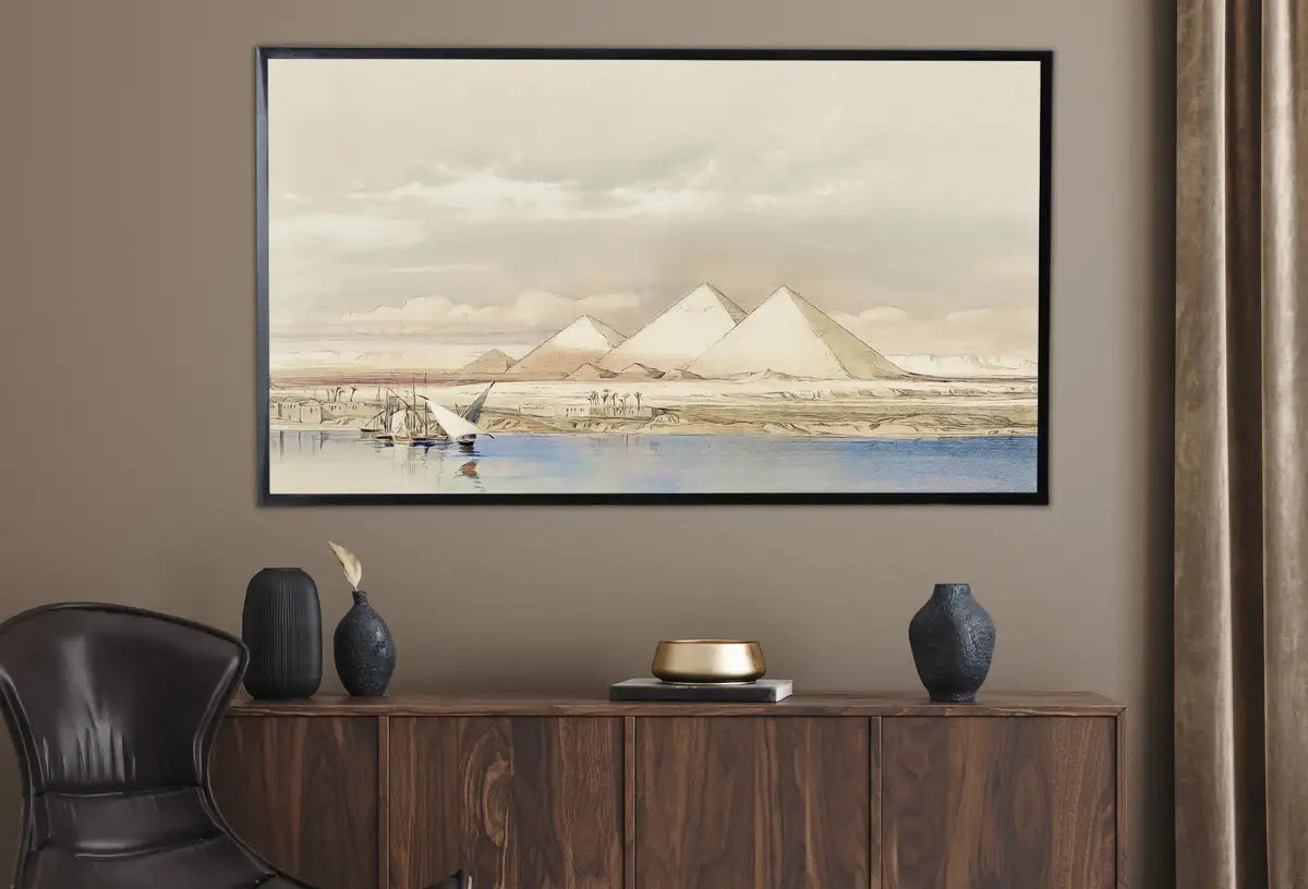 Detail view of artwork from Samsung Frame TV Art 4K Pyramids & the Nile Landscape Ancient Egyptian Wall Art. Instant Download Antique Vintage Egyptian Art for Frame TV. (variation 2)