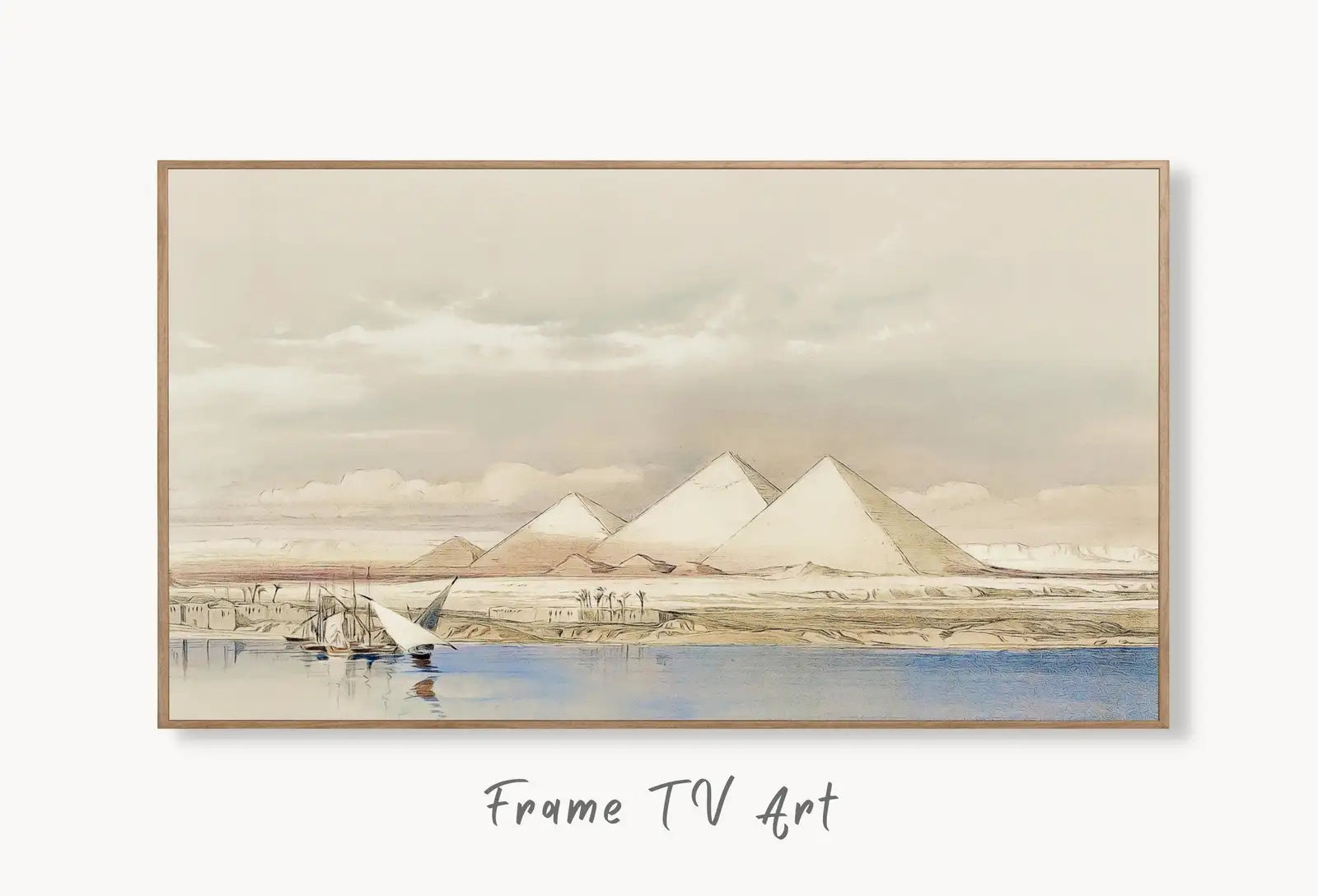 Samsung Frame TV Art 4K Pyramids & the Nile Landscape Ancient Egyptian Wall Art. Instant Download Antique Vintage Egyptian Art for Frame TV displayed on Samsung Frame TV on a living room wall.
